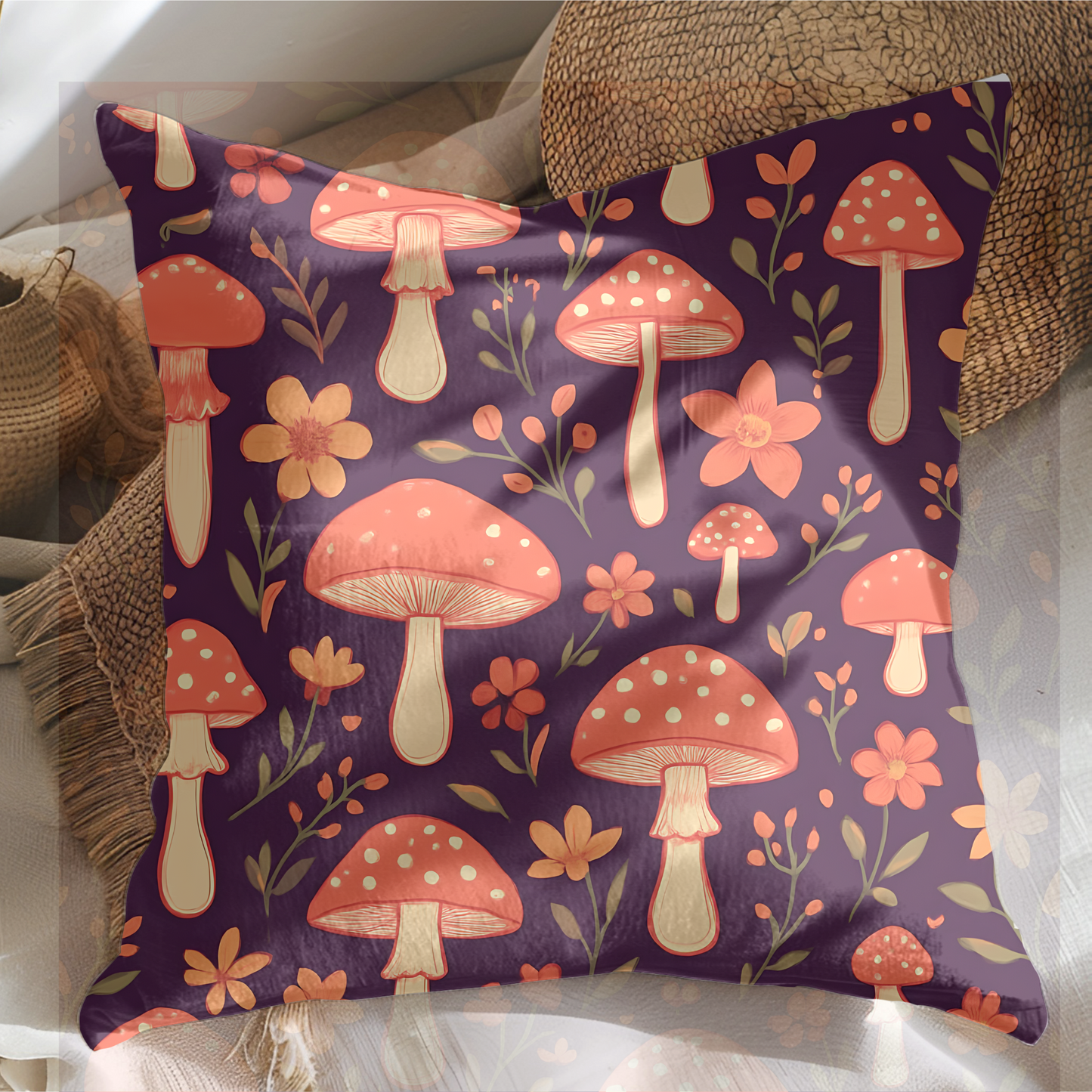Mushroom Pillow, Perfect as a throw pillow cushion, it transforms any space with its soft plum hue and charming shroom motif, inviting warmth and comfort into your home.