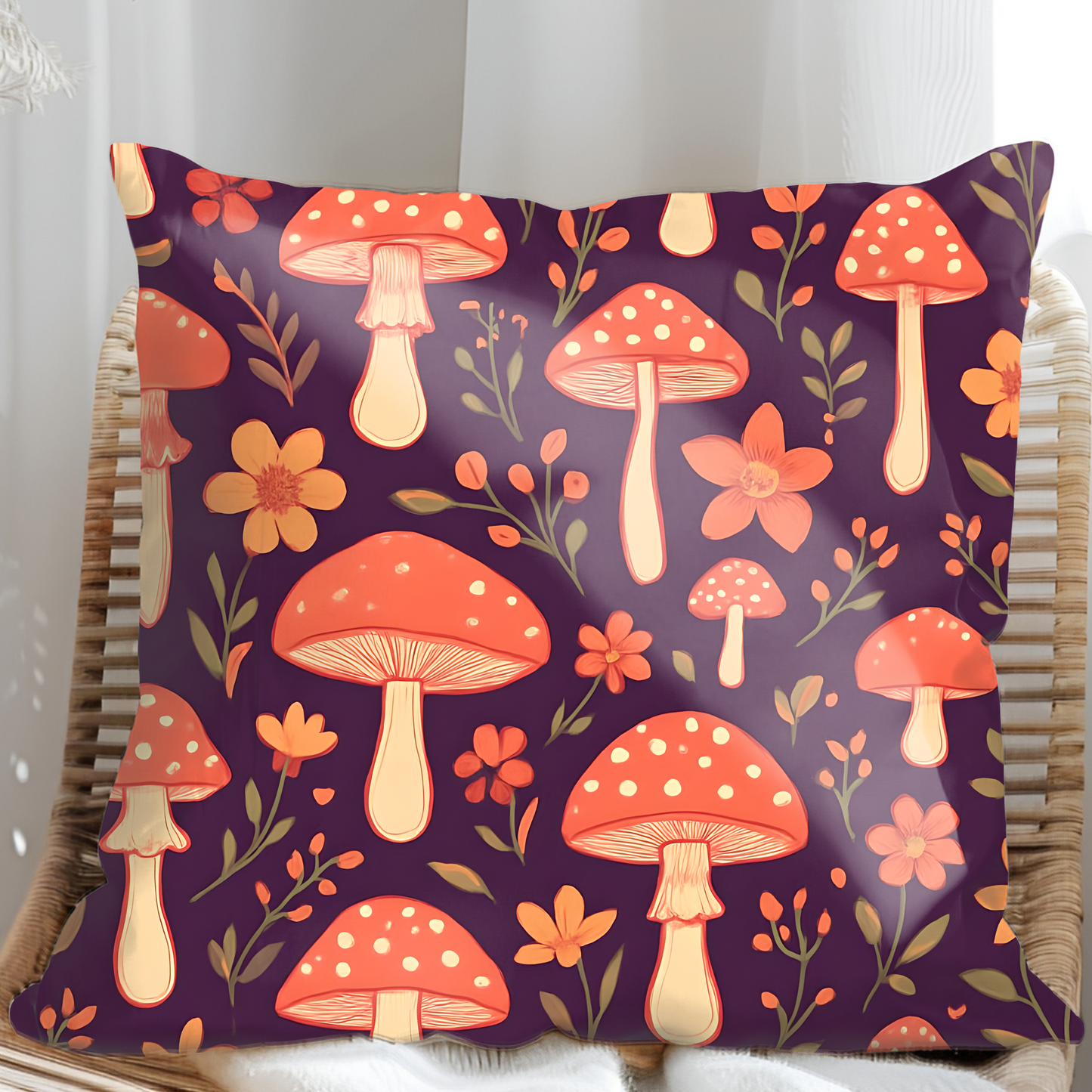 Mushroom Pillow, Perfect as a throw pillow cushion, it transforms any space with its soft plum hue and charming shroom motif, inviting warmth and comfort into your home.