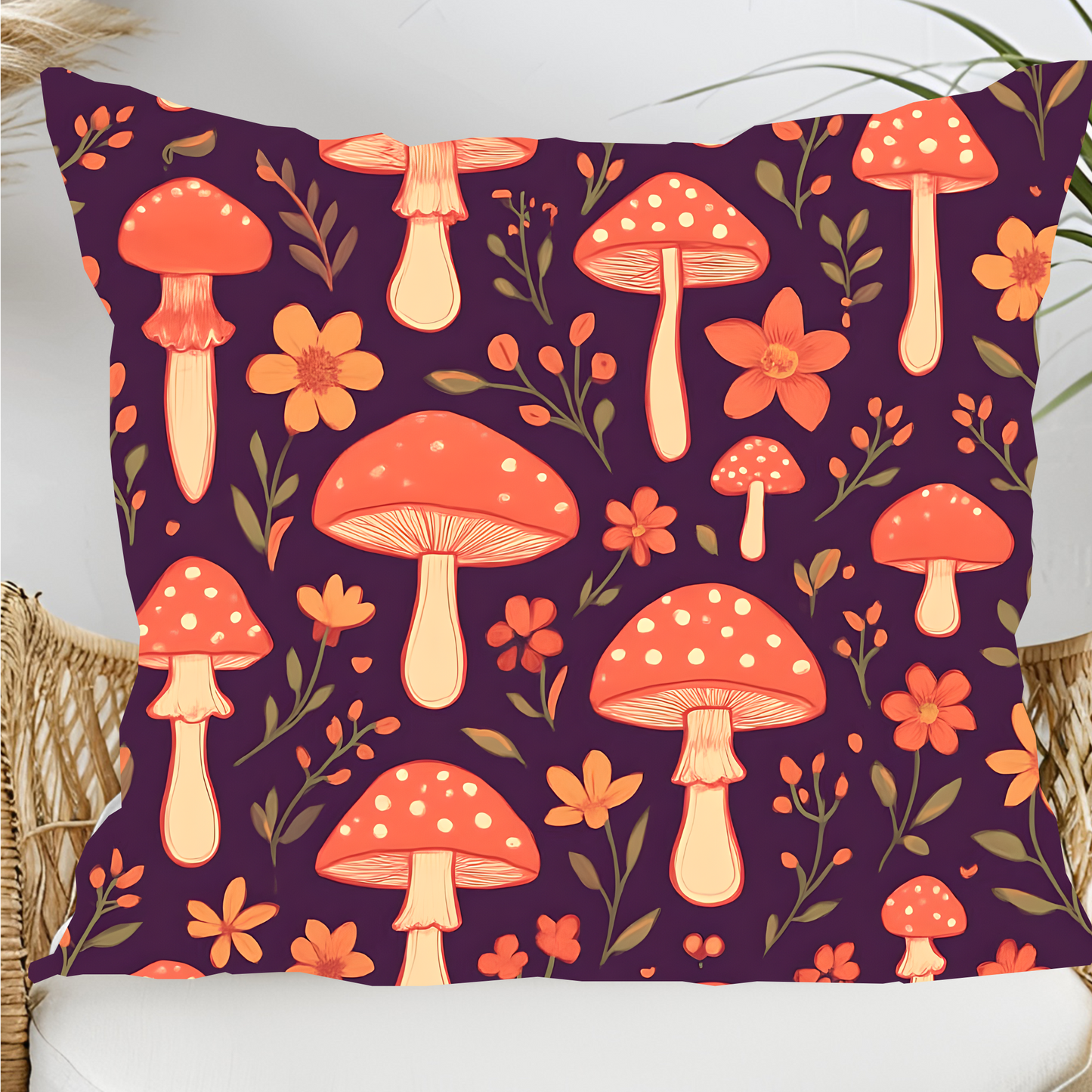Mushroom Pillow, Perfect as a throw pillow cushion, it transforms any space with its soft plum hue and charming shroom motif, inviting warmth and comfort into your home.