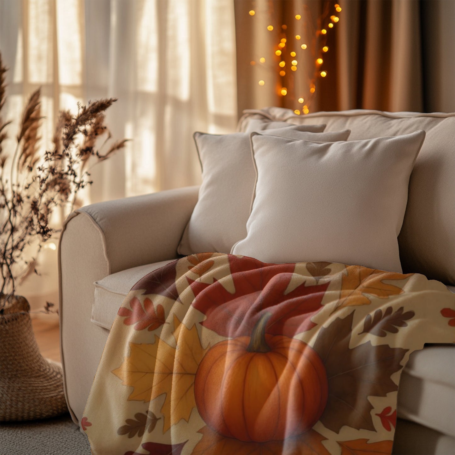 Autumn Leaves and Pumpkin Blanket, this comfy blanket is an autumn symphony for your senses. Perfect as a snuggle blanket for chilly nights or an elegant addition to your autumn decorations.