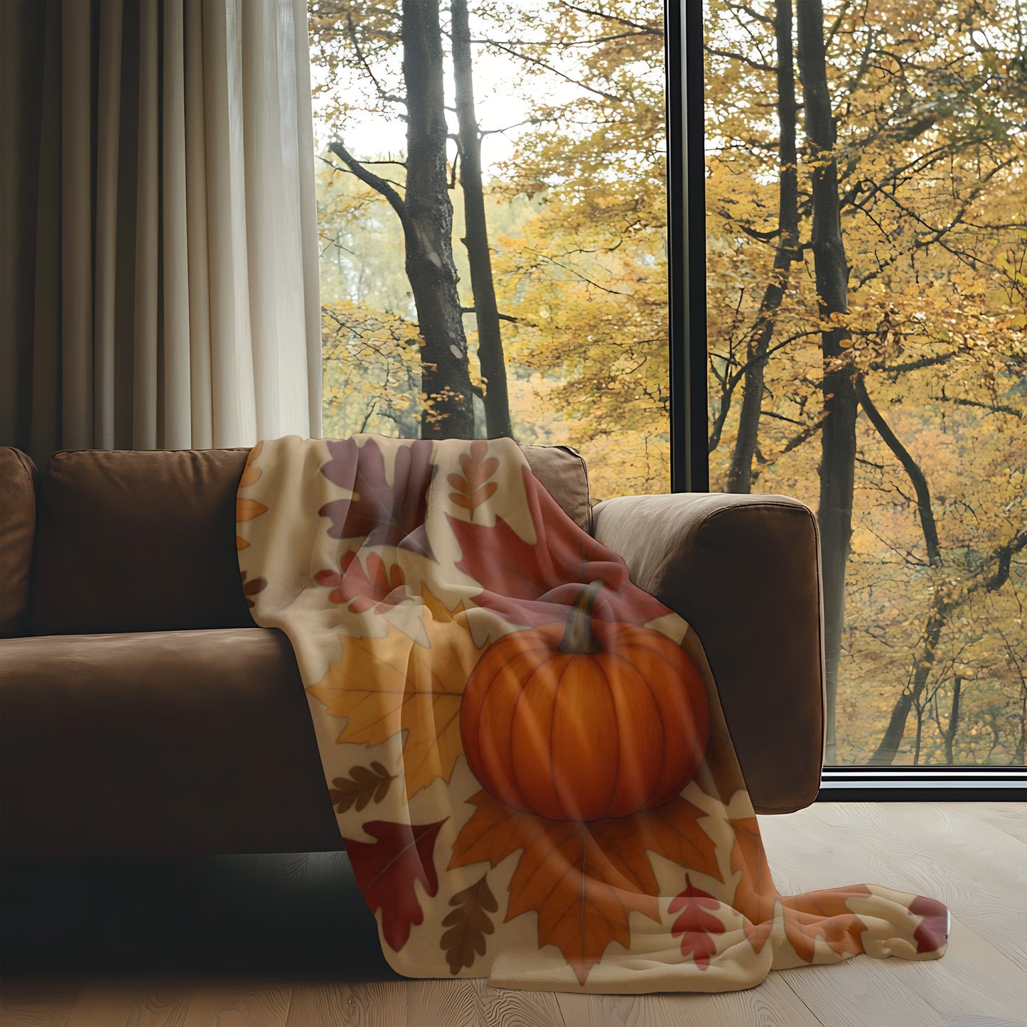 Autumn Leaves and Pumpkin Blanket, this comfy blanket is an autumn symphony for your senses. Perfect as a snuggle blanket for chilly nights or an elegant addition to your autumn decorations.