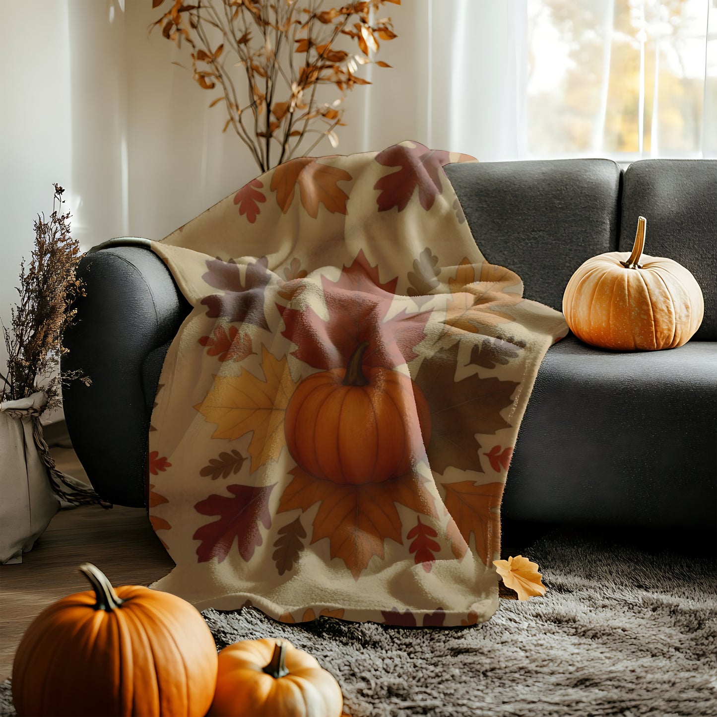 Autumn Leaves and Pumpkin Blanket, this comfy blanket is an autumn symphony for your senses. Perfect as a snuggle blanket for chilly nights or an elegant addition to your autumn decorations.