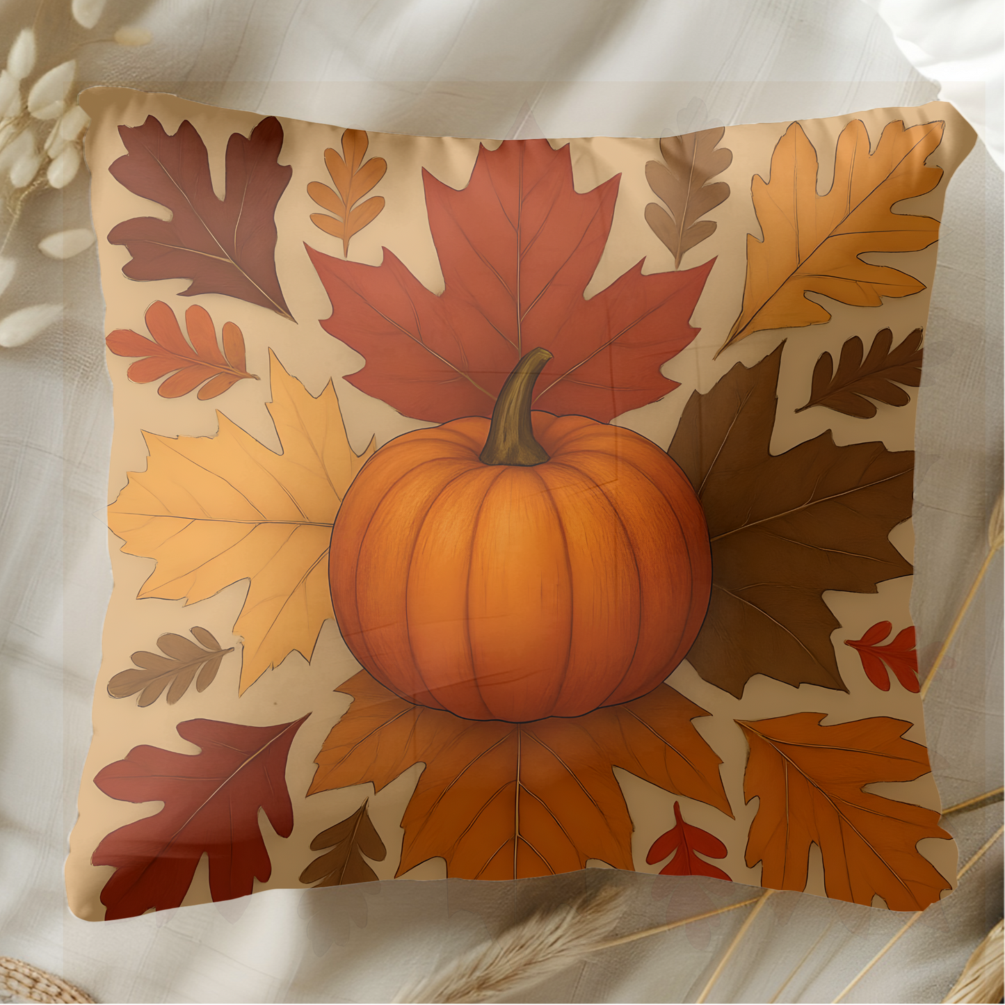 Autumn Leaves and Pumpkin Cushion, This autumn pillow cover captures the essence of "hello autumn" with its vibrant orange tones and delightful pumpkin design.