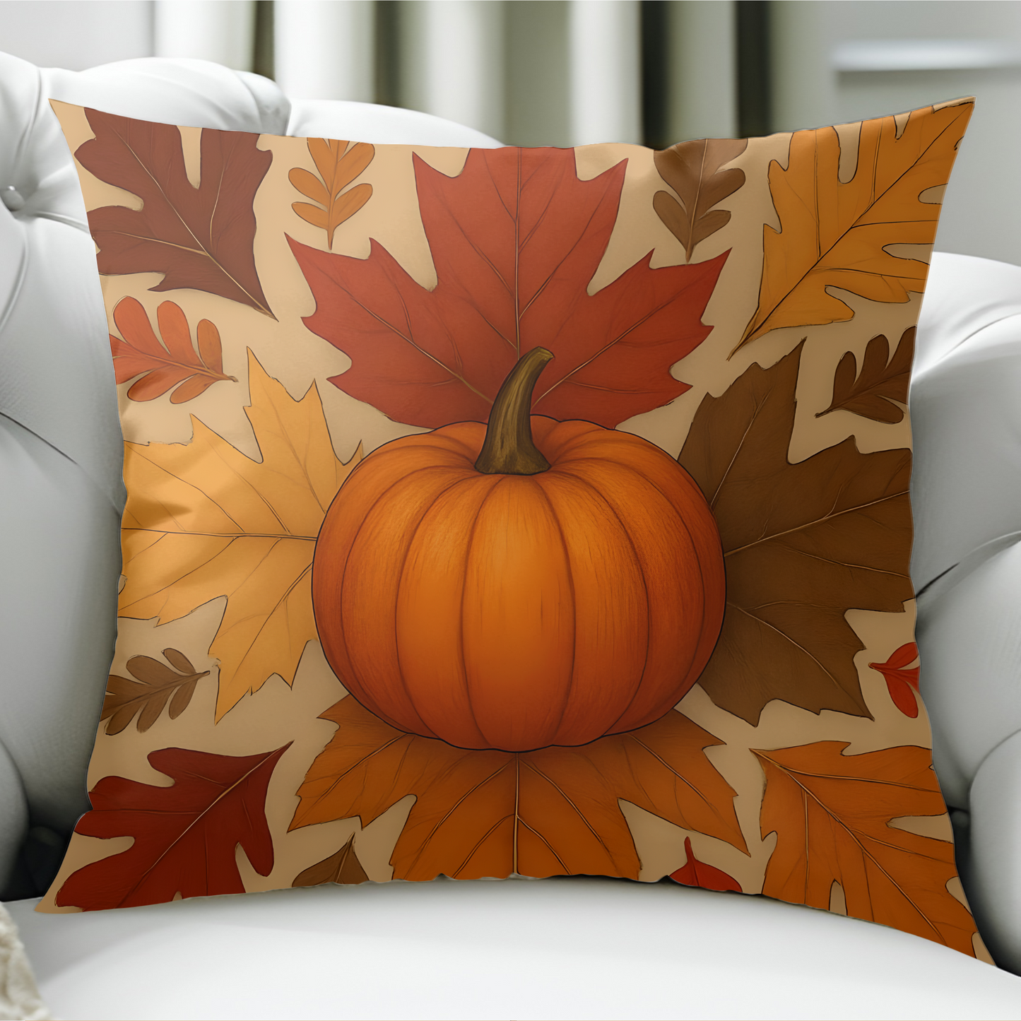 Autumn Leaves and Pumpkin Cushion, This autumn pillow cover captures the essence of "hello autumn" with its vibrant orange tones and delightful pumpkin design.