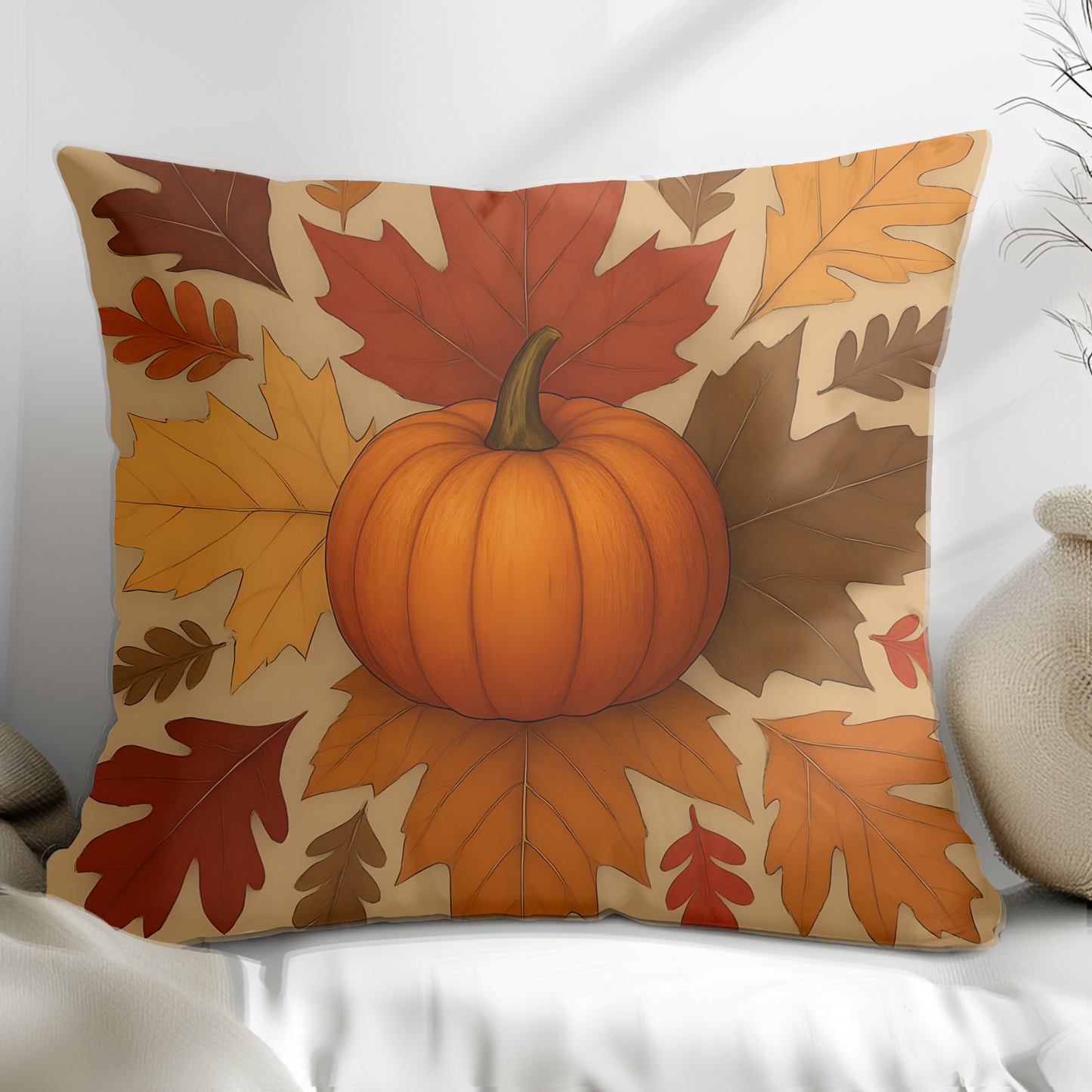 Autumn Leaves and Pumpkin Cushion, This autumn pillow cover captures the essence of "hello autumn" with its vibrant orange tones and delightful pumpkin design.