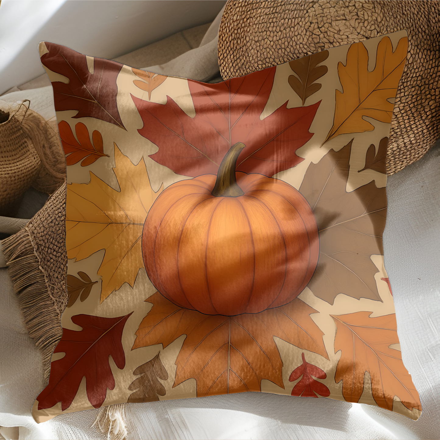 Autumn Leaves and Pumpkin Cushion, This autumn pillow cover captures the essence of "hello autumn" with its vibrant orange tones and delightful pumpkin design.