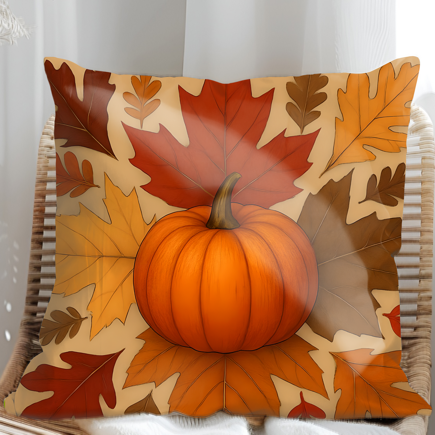 Autumn Leaves and Pumpkin Cushion, This autumn pillow cover captures the essence of "hello autumn" with its vibrant orange tones and delightful pumpkin design.