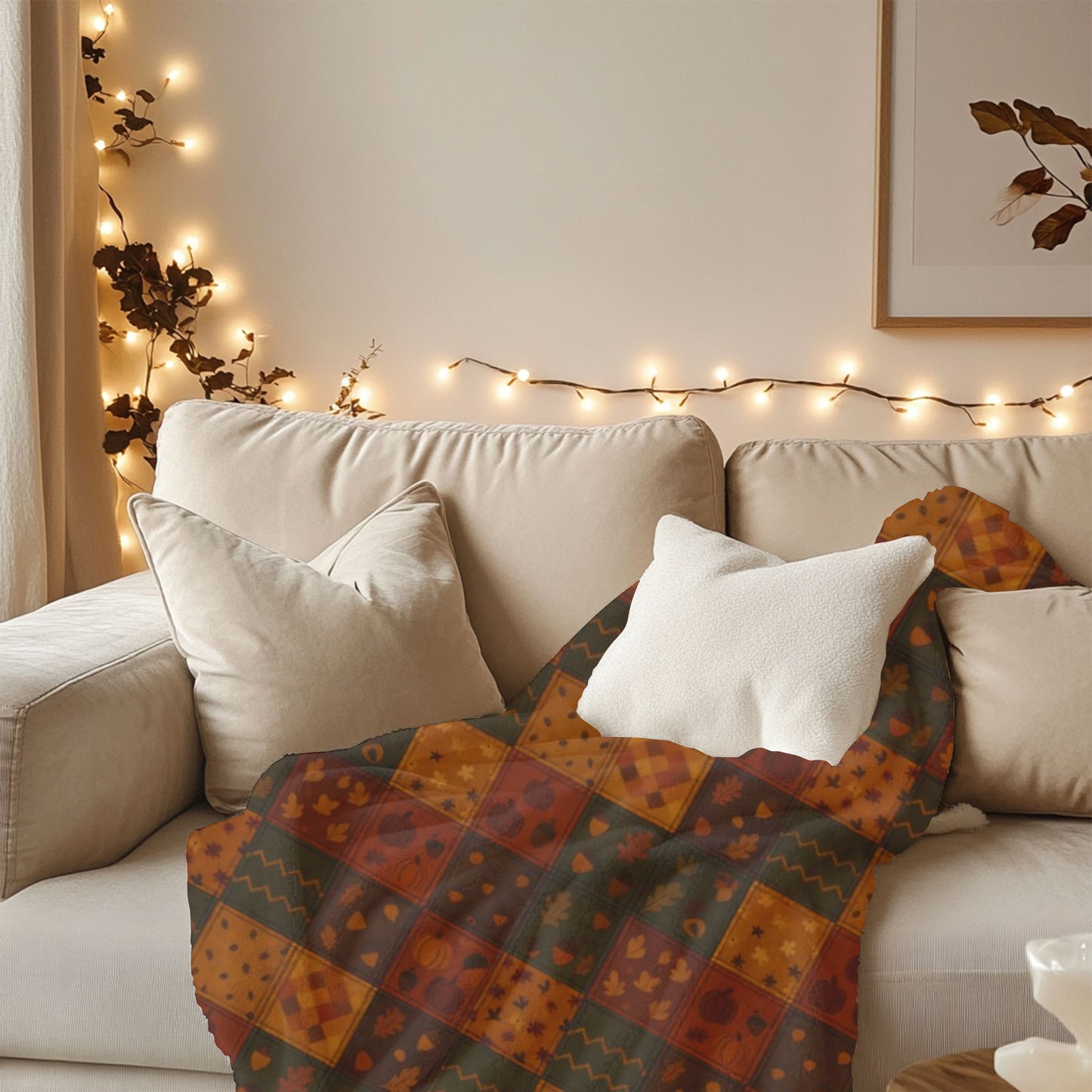Cozy Autumnal Plaid Blanket, This thick blanket, with its rich blend of fall hues, adds a touch of sophistication to any autumnal home decor. Decor,