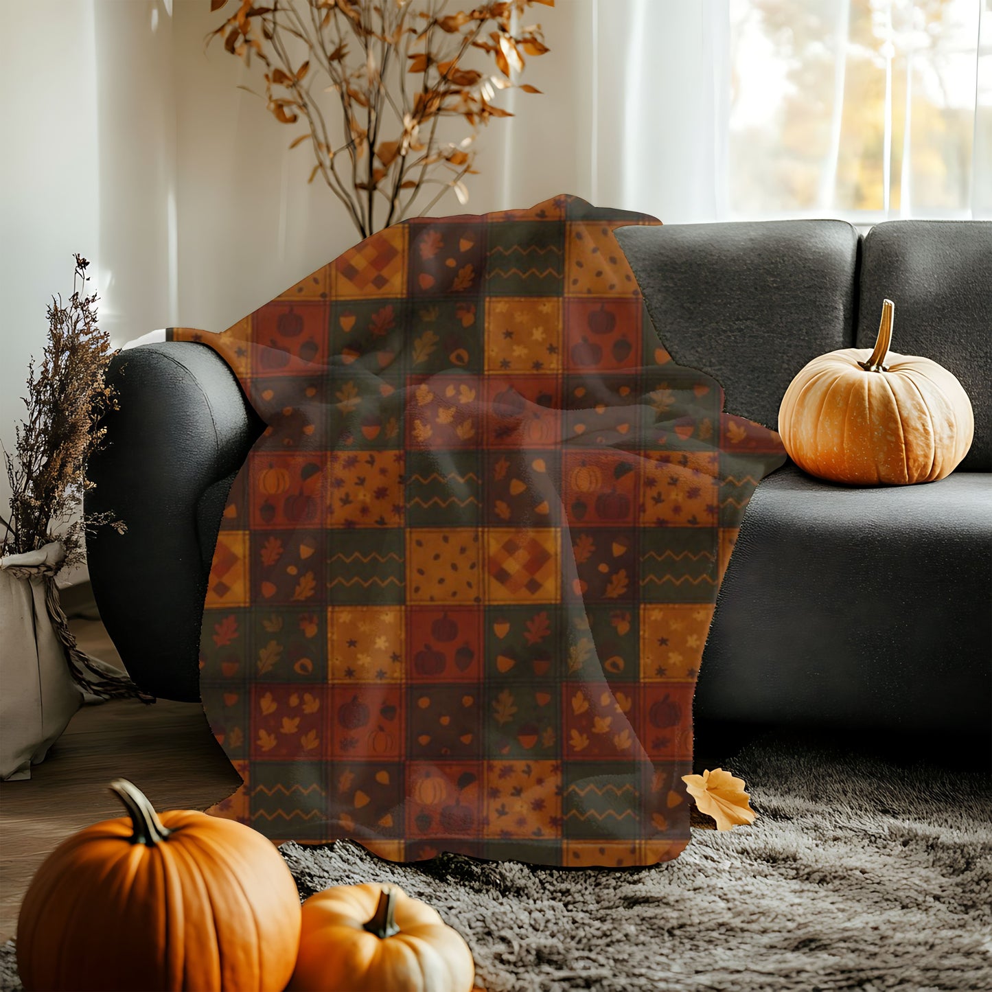 Cozy Autumnal Plaid Blanket, This thick blanket, with its rich blend of fall hues, adds a touch of sophistication to any autumnal home decor. Decor,