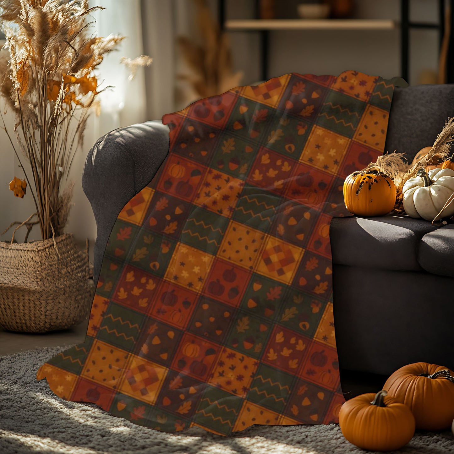 Cozy Autumnal Plaid Blanket, This thick blanket, with its rich blend of fall hues, adds a touch of sophistication to any autumnal home decor. Decor,