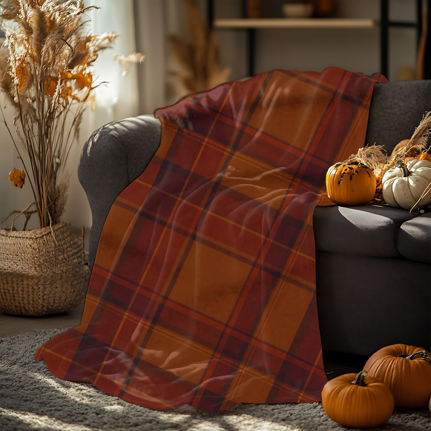 Cozy Autumn Plaid Pattern Blanket, This soft throw, with its classic plaid pattern, transforms any space into a serene autumn retreat.