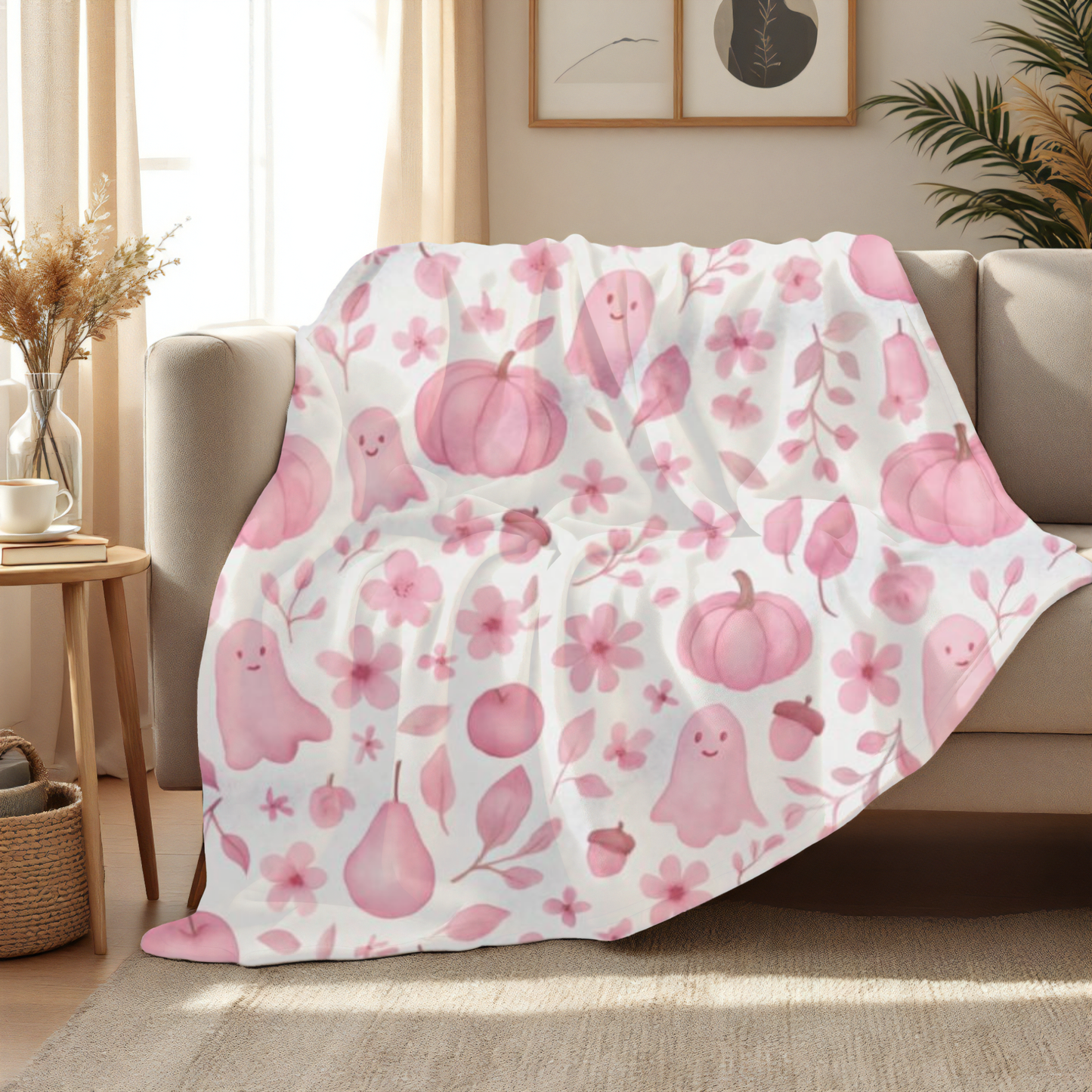 Pink Halloween Ghost Fleece Throw Blanket, this ghost blanket effortlessly transforms any space into a magical haven where autumn chills are met with warmth.