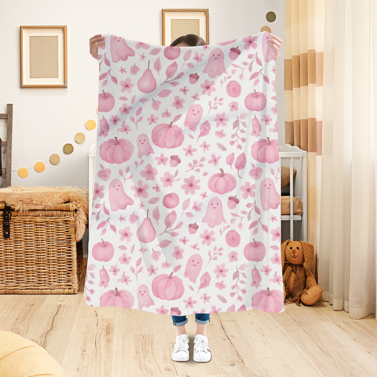 Pink Halloween Ghost Fleece Throw Blanket, this ghost blanket effortlessly transforms any space into a magical haven where autumn chills are met with warmth.