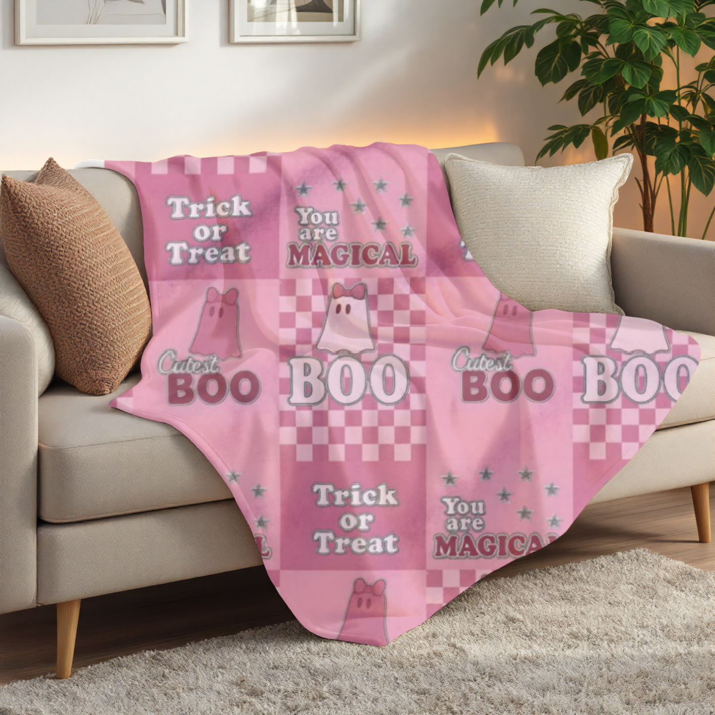 Cutest Boo Pink Ghost Blanket, This soft and fluffy throw features charming ghosties dancing across a playful pink canvas, making it the perfect snuggle blanket for cozy nights in.