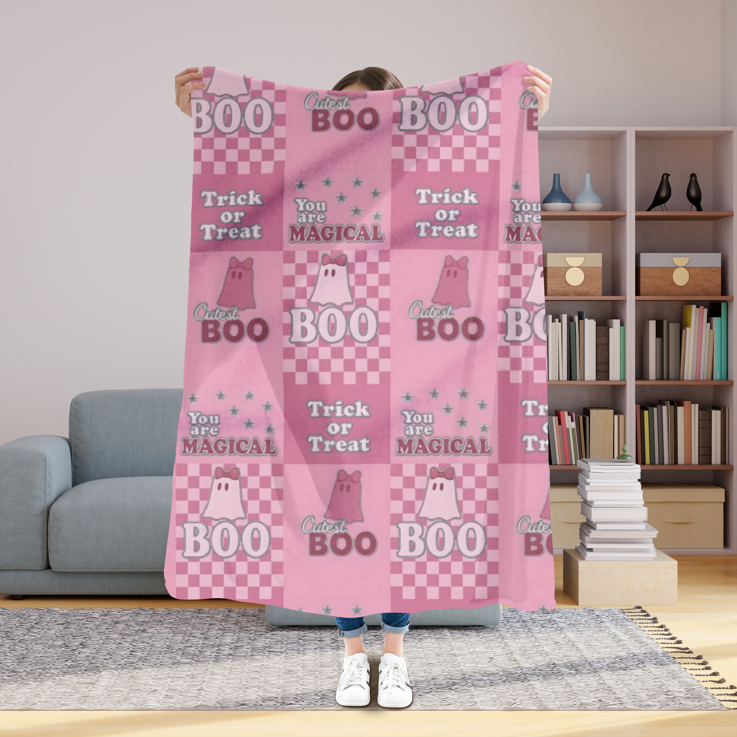 Cutest Boo Pink Ghost Blanket, This soft and fluffy throw features charming ghosties dancing across a playful pink canvas, making it the perfect snuggle blanket for cozy nights in.