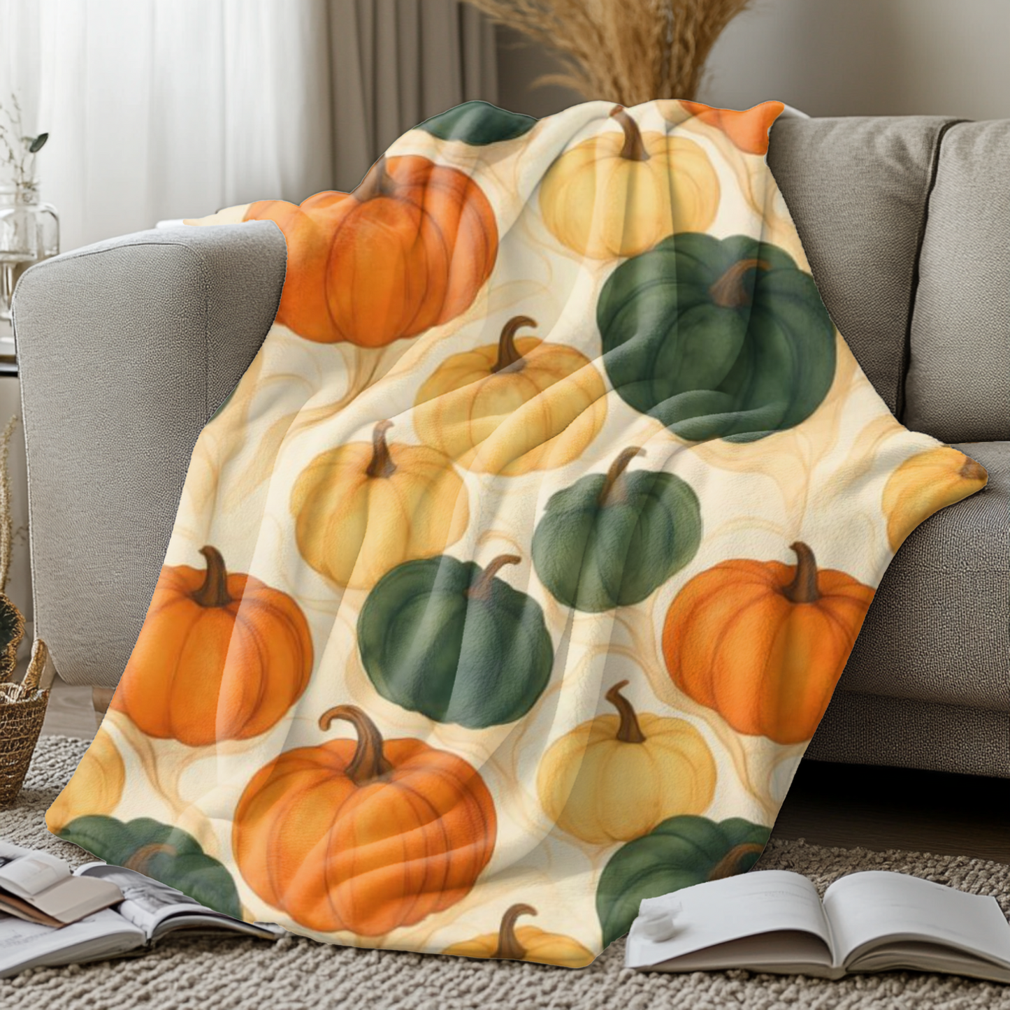 Autumnal Pumpkin Blanket Throw, Its timeless design effortlessly enhances your autumnal home decor, with its rich pumpkin hues offering a nod to nature's seasonal beauty. Whether draped over your sofa or used as a comforting autumn throw blanket.