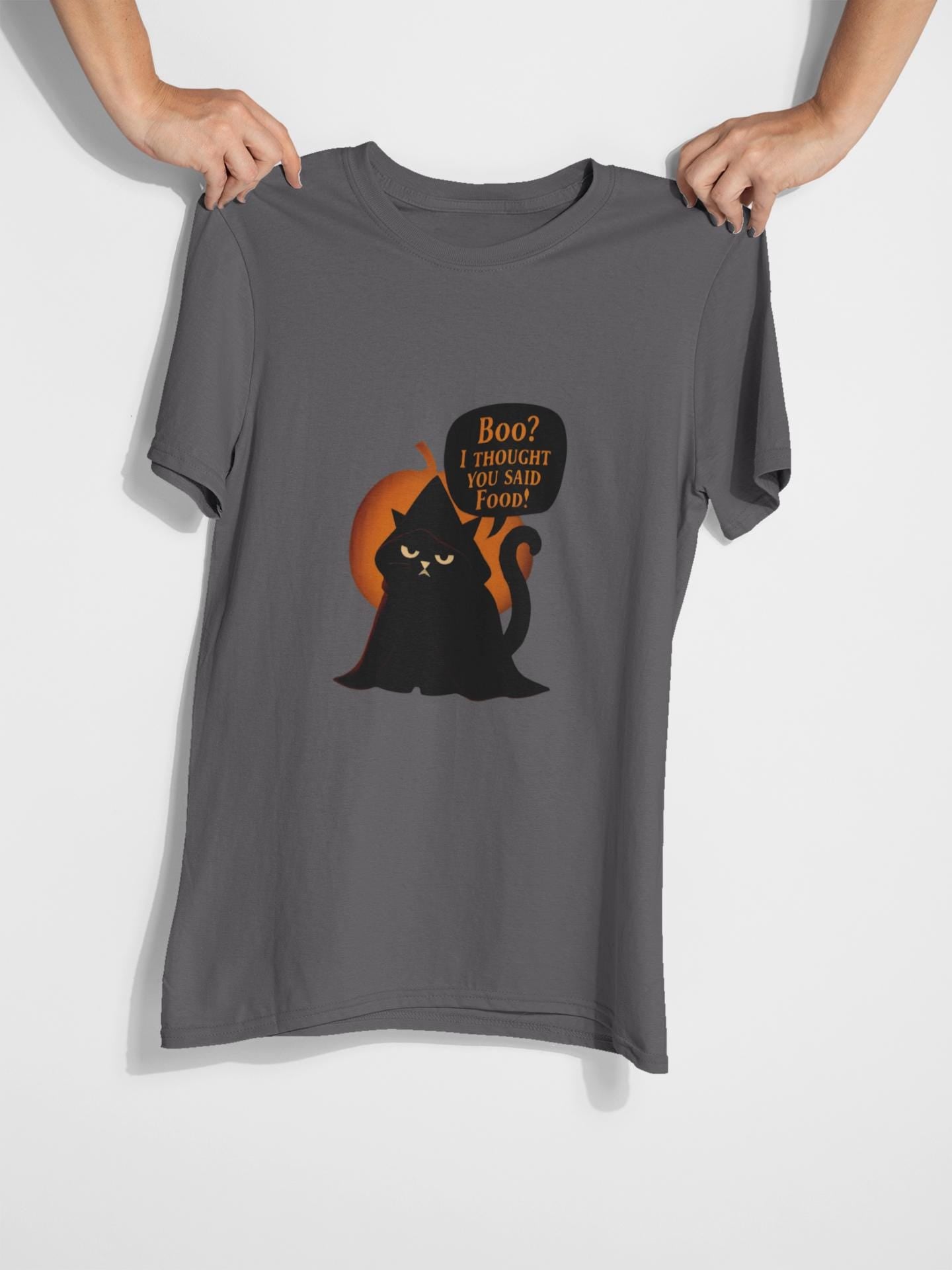 Boo? I Thought U Said Food Halloween T-Shirt, The funny fat cat illustration captures the heart of all who adore their feline friends, especially those who can't resist a chuckle over cat food antics.