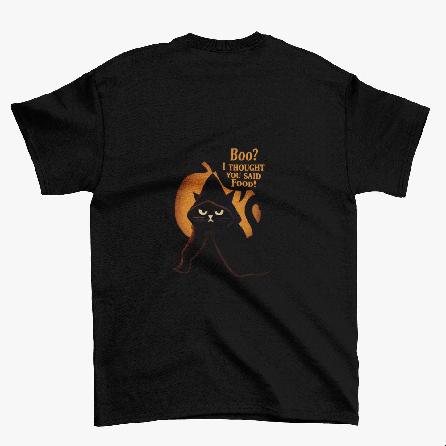 Boo? I Thought U Said Food Halloween T-Shirt, The funny fat cat illustration captures the heart of all who adore their feline friends, especially those who can't resist a chuckle over cat food antics.