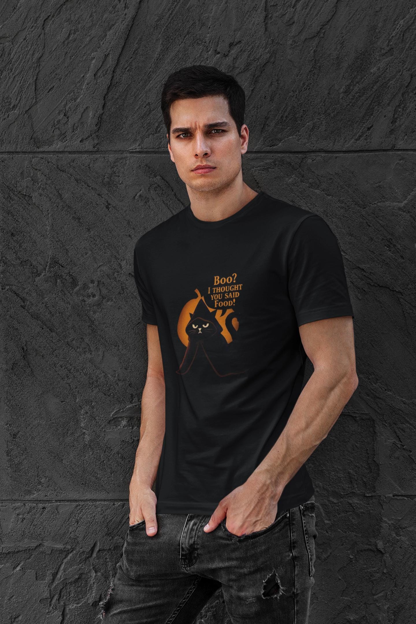 Boo? I Thought U Said Food Halloween T-Shirt, The funny fat cat illustration captures the heart of all who adore their feline friends, especially those who can't resist a chuckle over cat food antics.