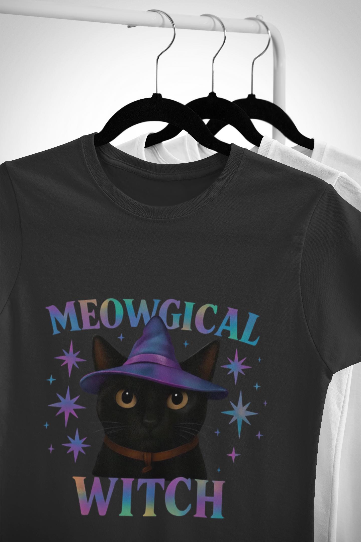 Meowgic Witch, This tee captures the essence of magical cat allure with its holographic cat design, bringing the bewitching appeal of black cats magic straight into your wardrobe