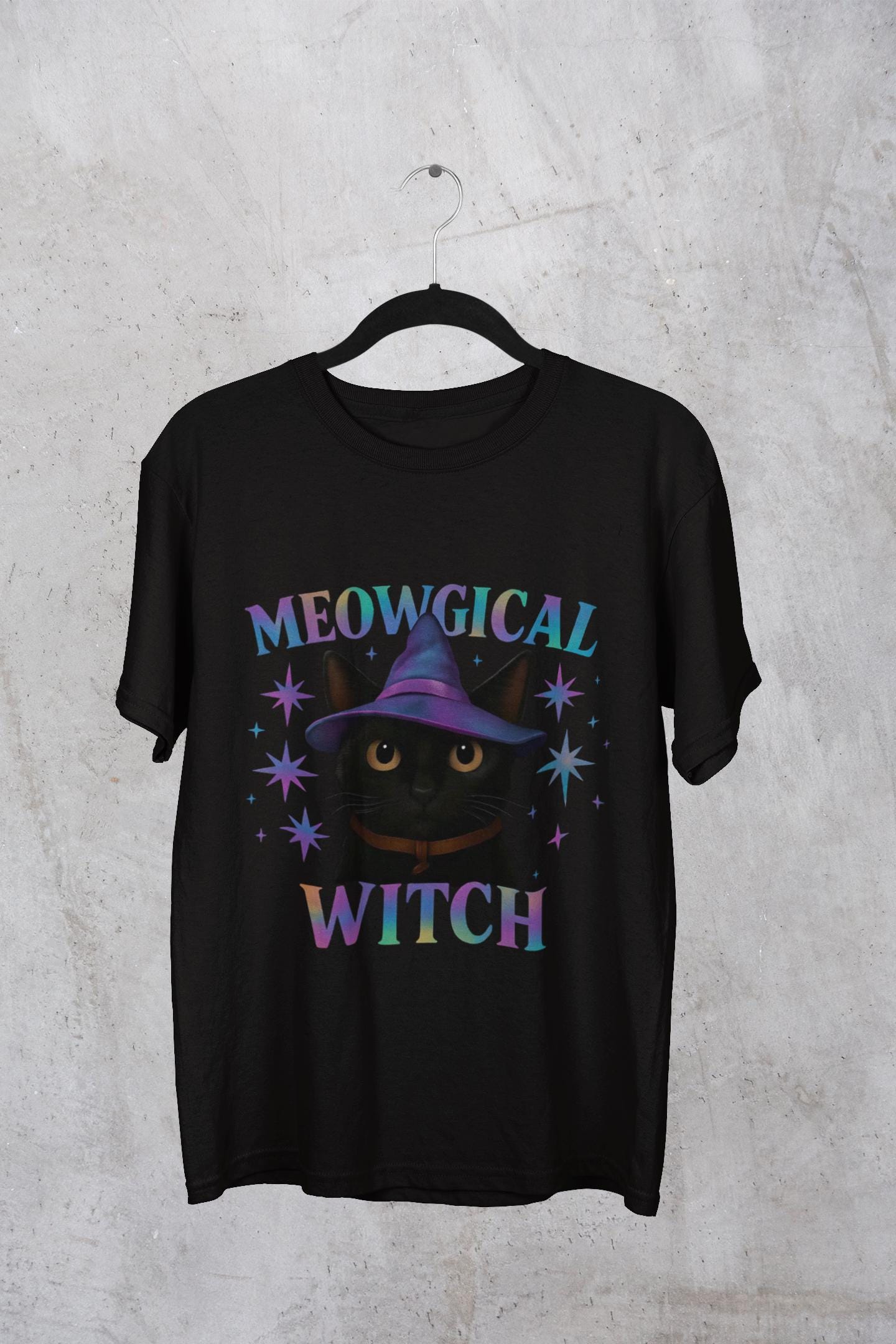 Meowgic Witch, This tee captures the essence of magical cat allure with its holographic cat design, bringing the bewitching appeal of black cats magic straight into your wardrobe
