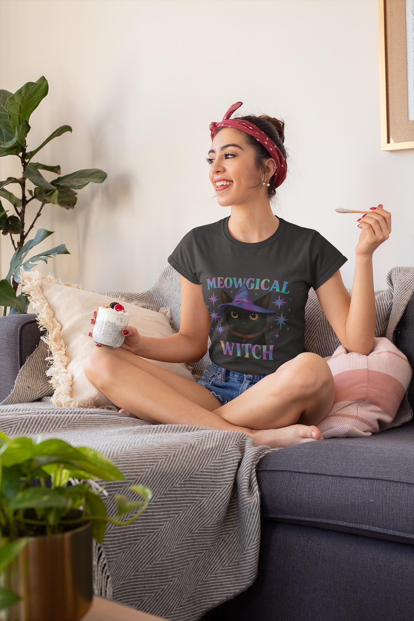 Meowgic Witch, This tee captures the essence of magical cat allure with its holographic cat design, bringing the bewitching appeal of black cats magic straight into your wardrobe
