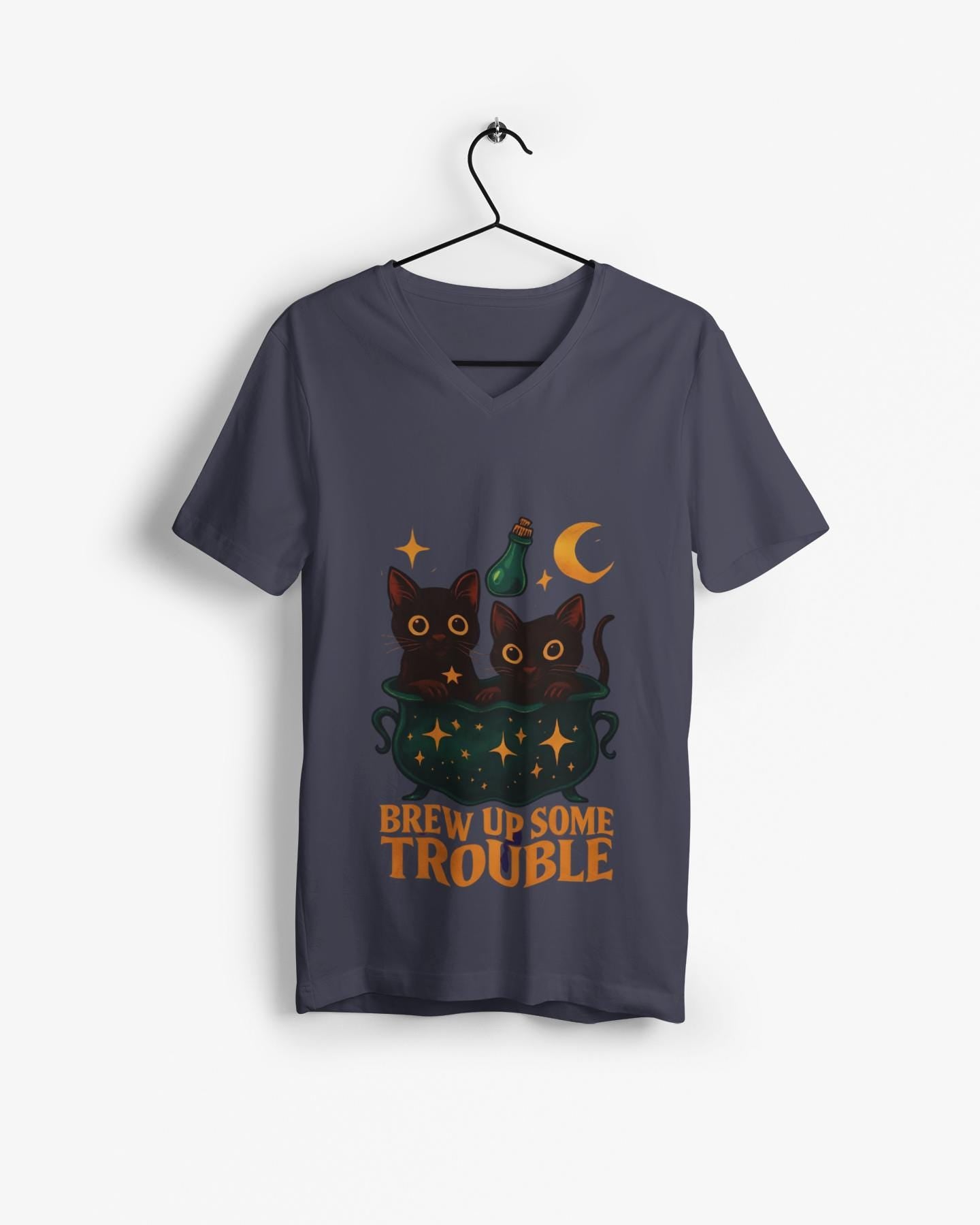 Brew Up Some Trouble Cat Witchy T-shirt, The seamless blend of mystical charm and humor makes this shirt a must-have for any lover of cute Halloween cat apparel.