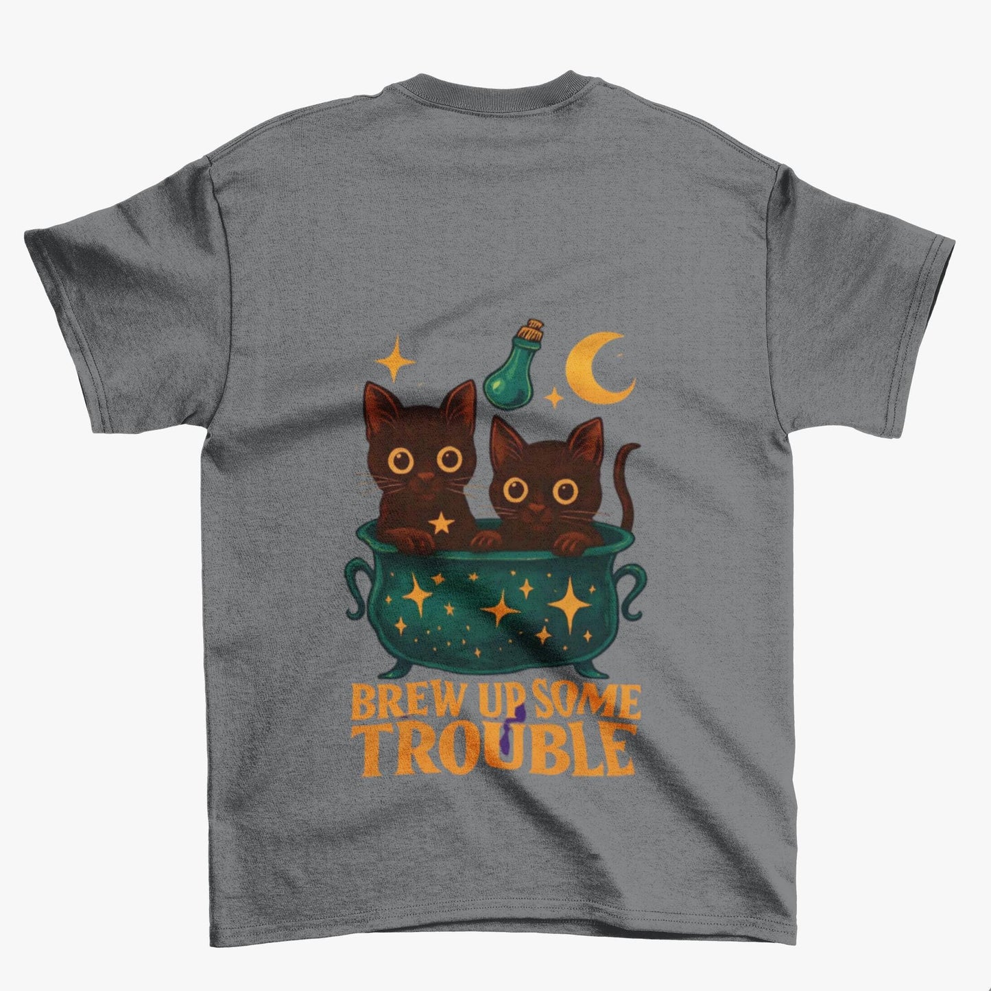 Brew Up Some Trouble Cat Witchy T-shirt, The seamless blend of mystical charm and humor makes this shirt a must-have for any lover of cute Halloween cat apparel.