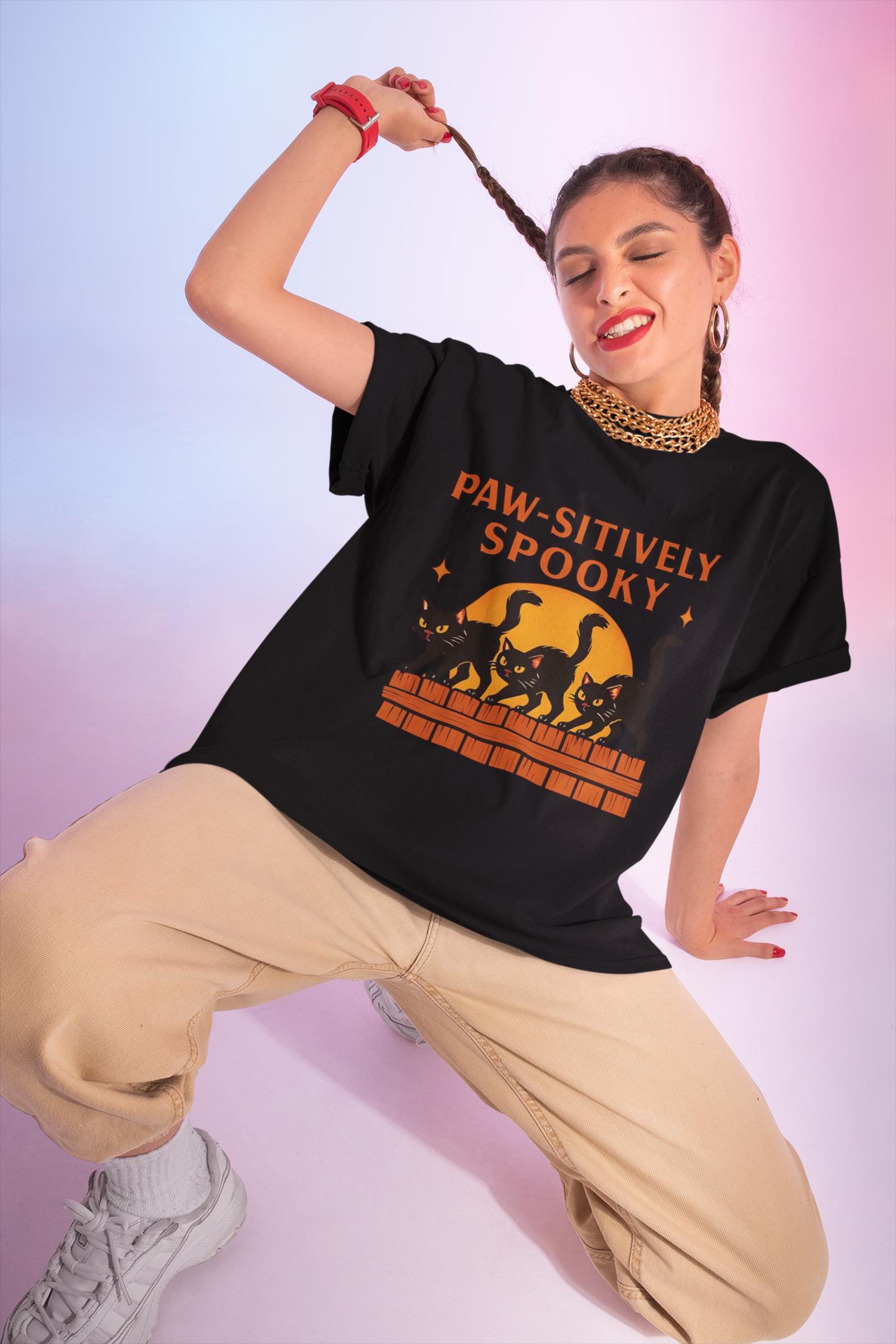Paw-sitively Spooky Cat Tshirt, Whether you're a devoted cat dad or gifting it to a feline-loving friend, this cute Halloween cat apparel spreads pawsitive vibes with its blend of spooky black cats and cheeky charm.