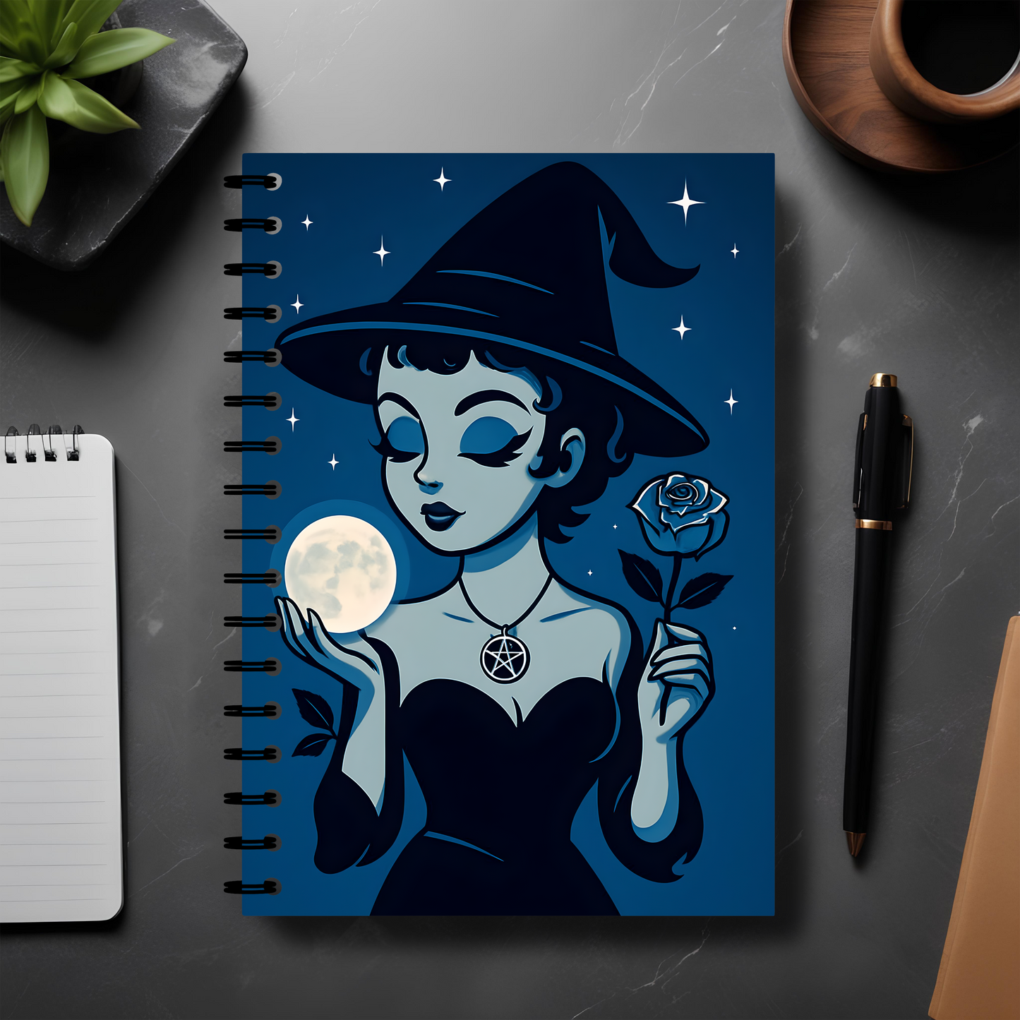 Cute Witchy Moon Child Spiral Notebook, This charming witchcore-inspired book of shadows serves as the perfect witch journal, offering a space to explore your dreams, shadow work, and more.