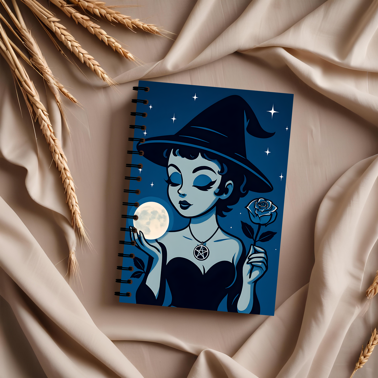 Cute Witchy Moon Child Spiral Notebook, This charming witchcore-inspired book of shadows serves as the perfect witch journal, offering a space to explore your dreams, shadow work, and more.