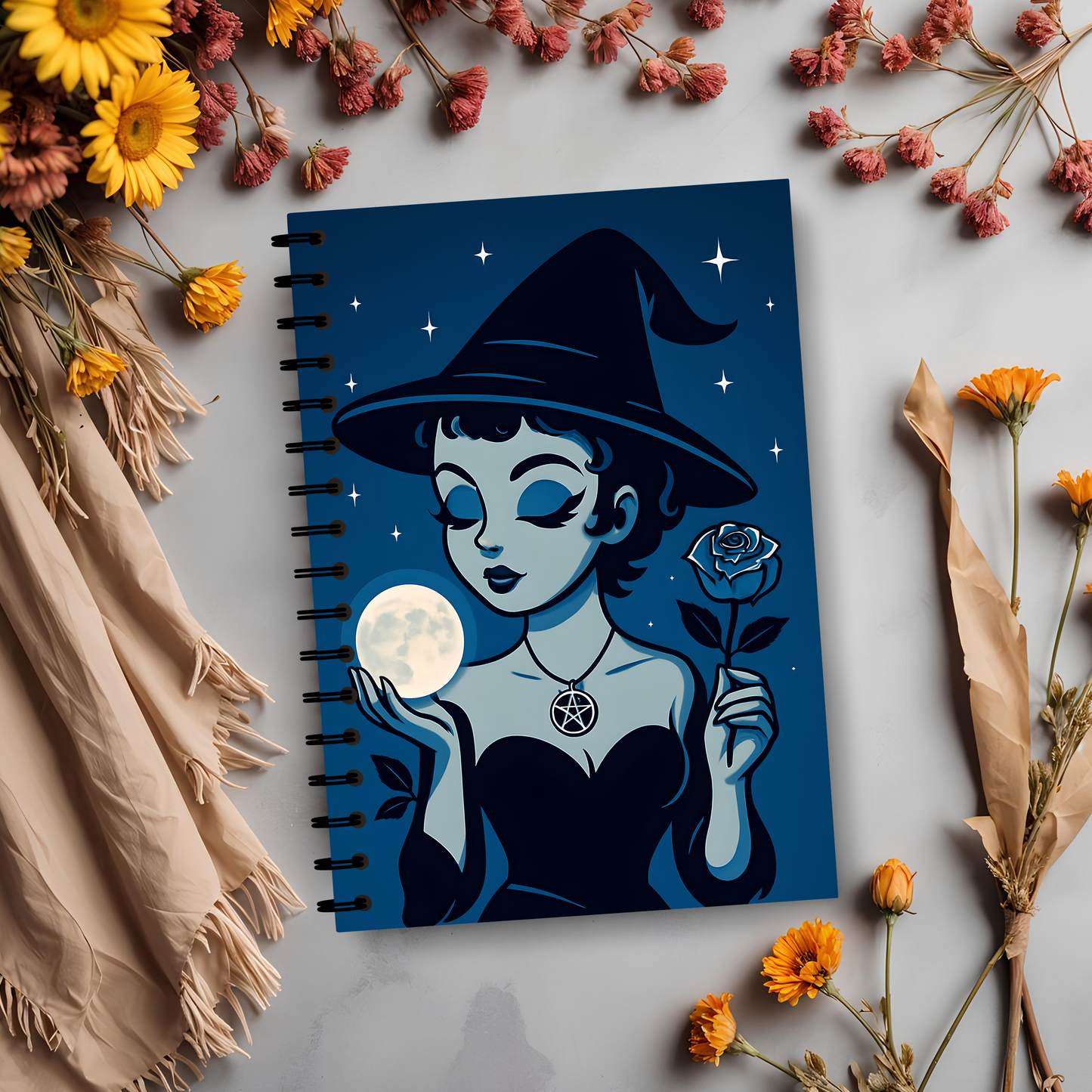 Cute Witchy Moon Child Spiral Notebook, This charming witchcore-inspired book of shadows serves as the perfect witch journal, offering a space to explore your dreams, shadow work, and more.