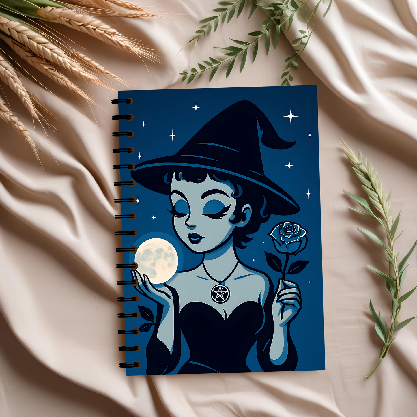 Cute Witchy Moon Child Spiral Notebook, This charming witchcore-inspired book of shadows serves as the perfect witch journal, offering a space to explore your dreams, shadow work, and more.