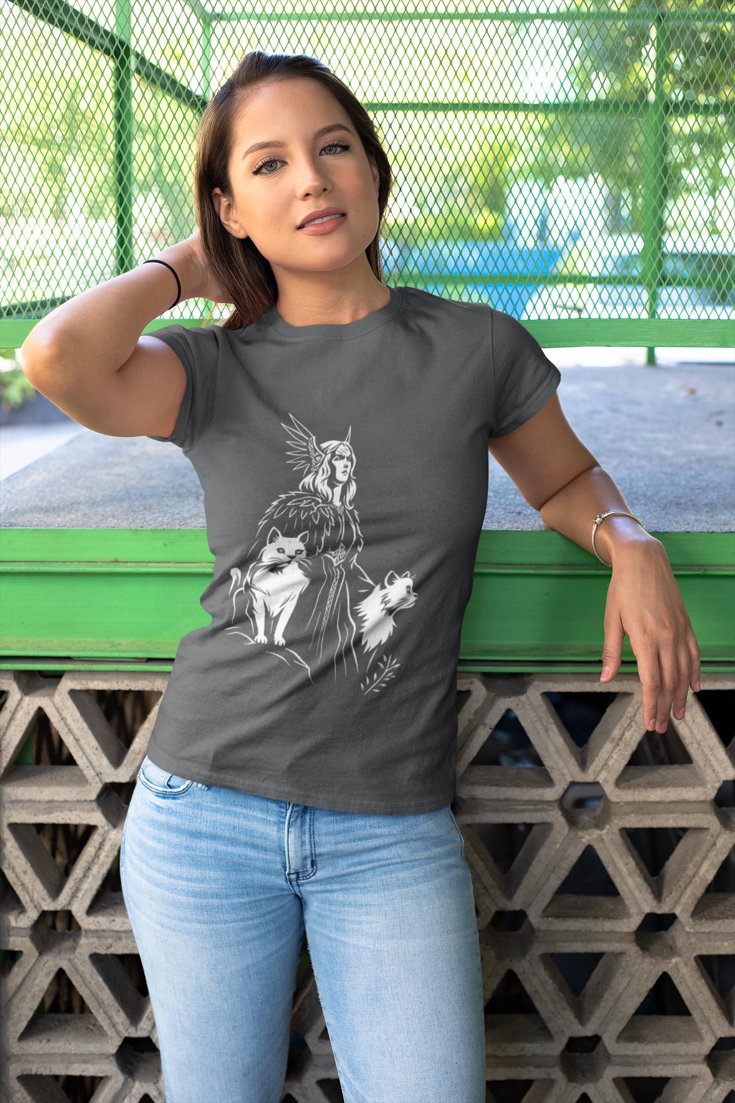 Freyja Viking Goddess T-Shirt, This captivating viking tee encapsulates the essence of Freya—the viking goddess renowned for her formidable power and grace.