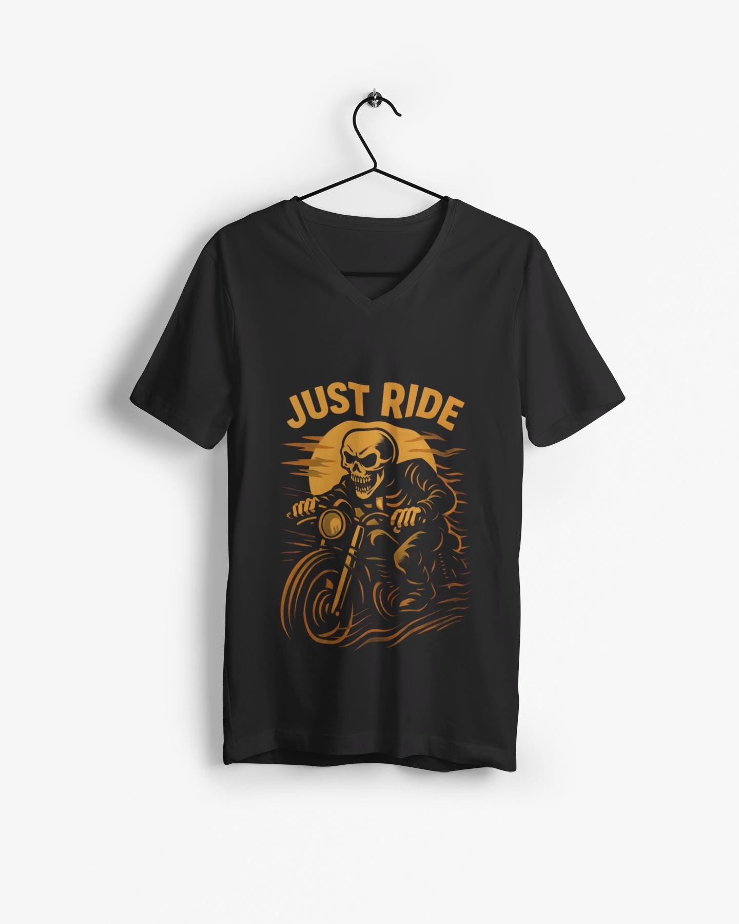 Just Ride Skull Motorcycle T-Shirt, Featuring a striking skull graphic tee design, it captures the essence of the open road, making it a perfect ghost rider shirt for enthusiasts.