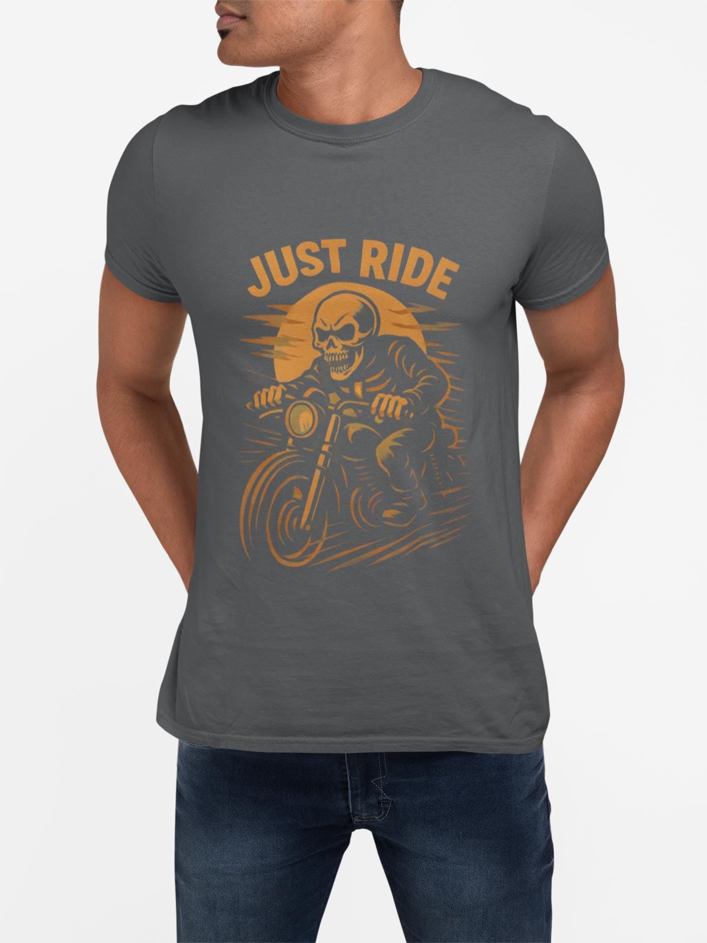 Just Ride Skull Motorcycle T-Shirt, Featuring a striking skull graphic tee design, it captures the essence of the open road, making it a perfect ghost rider shirt for enthusiasts.