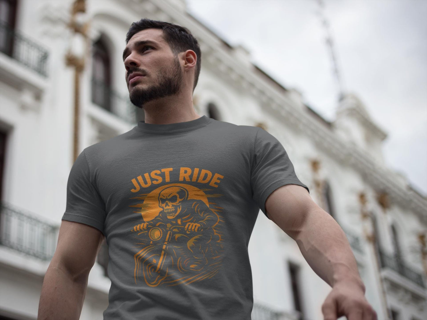 Just Ride Skull Motorcycle T-Shirt, Featuring a striking skull graphic tee design, it captures the essence of the open road, making it a perfect ghost rider shirt for enthusiasts.
