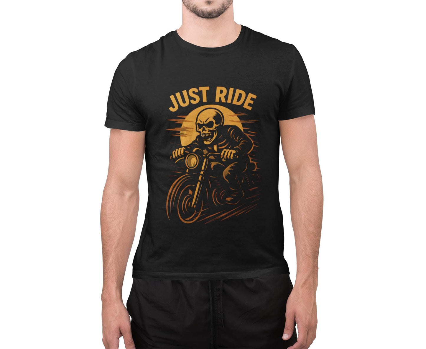 Just Ride Skull Motorcycle T-Shirt, Featuring a striking skull graphic tee design, it captures the essence of the open road, making it a perfect ghost rider shirt for enthusiasts.
