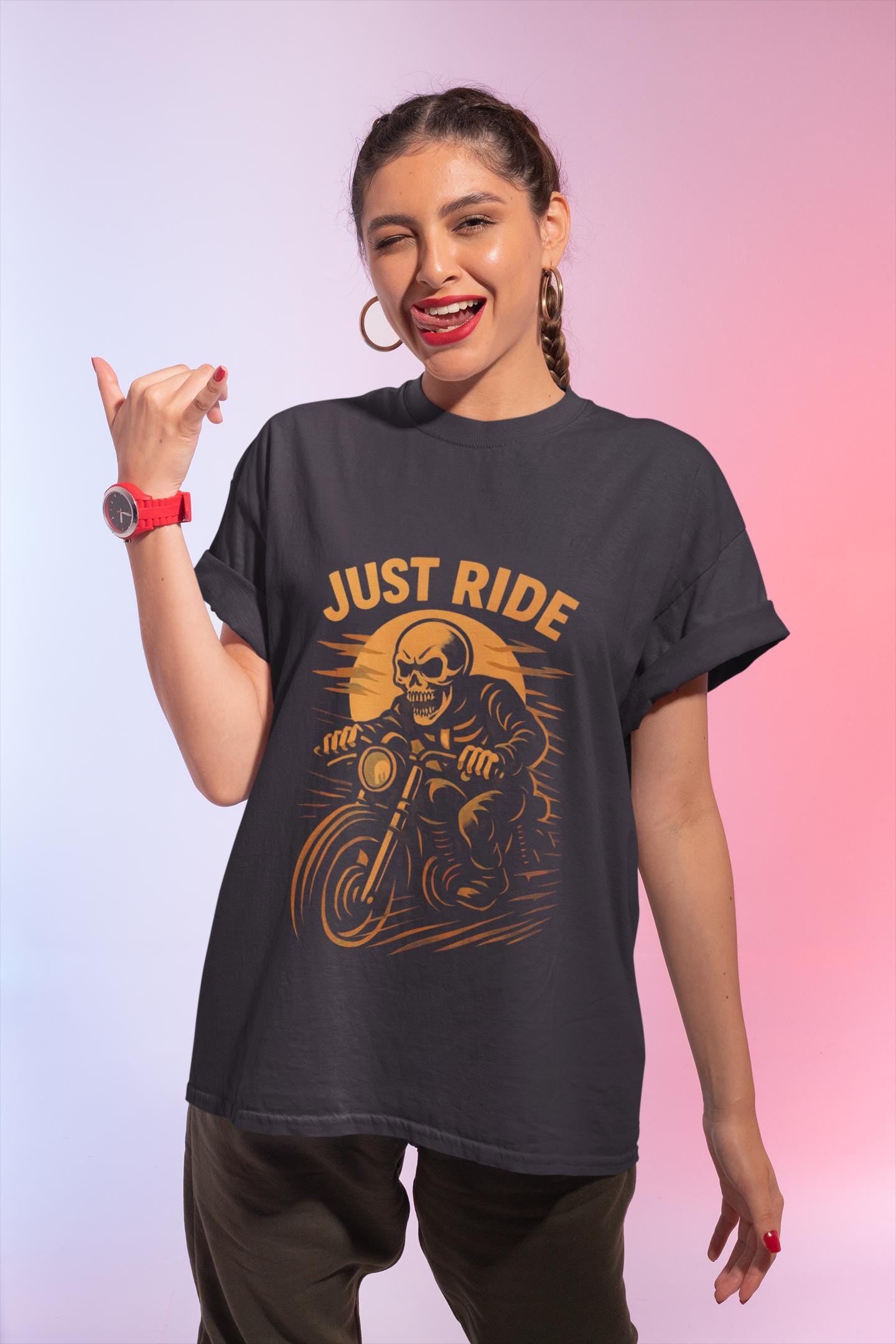 Just Ride Skull Motorcycle T-Shirt, Featuring a striking skull graphic tee design, it captures the essence of the open road, making it a perfect ghost rider shirt for enthusiasts.