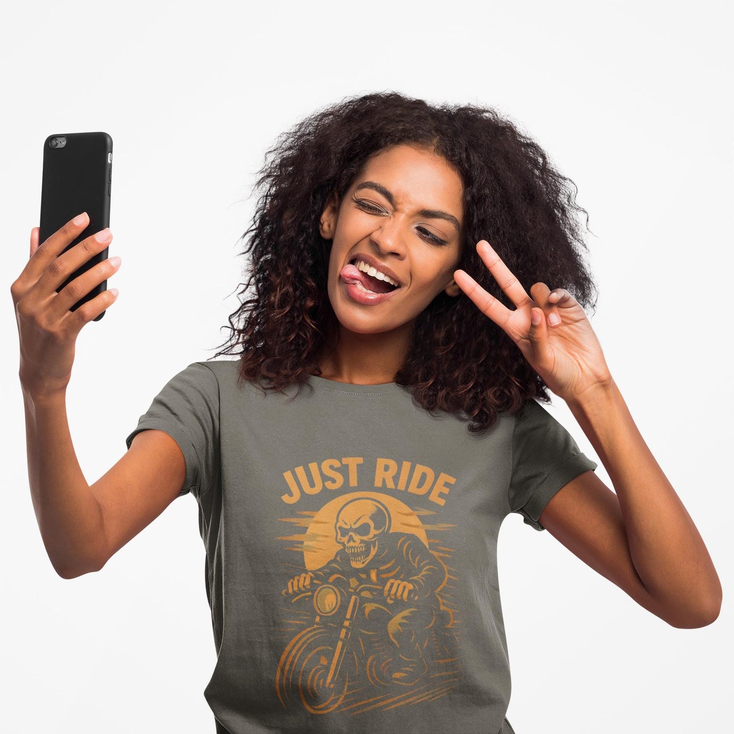 Just Ride Skull Motorcycle T-Shirt, Featuring a striking skull graphic tee design, it captures the essence of the open road, making it a perfect ghost rider shirt for enthusiasts.