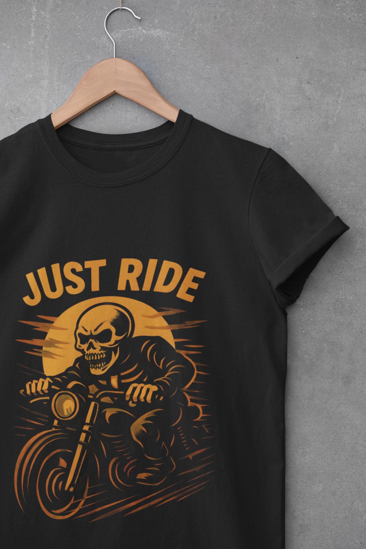 Just Ride Skull Motorcycle T-Shirt, Featuring a striking skull graphic tee design, it captures the essence of the open road, making it a perfect ghost rider shirt for enthusiasts.