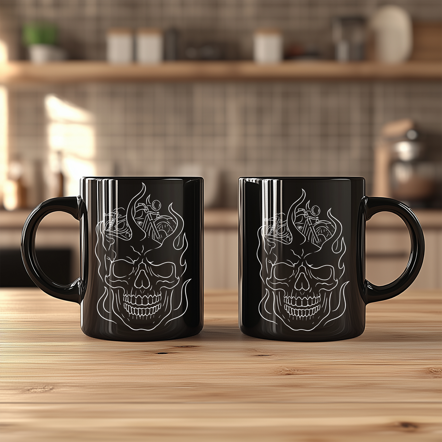 Skull Flame Mug for Riders, This eye-catching skull mug, adorned with vivid skull flames, transforms your usual sip into a fiery experience.