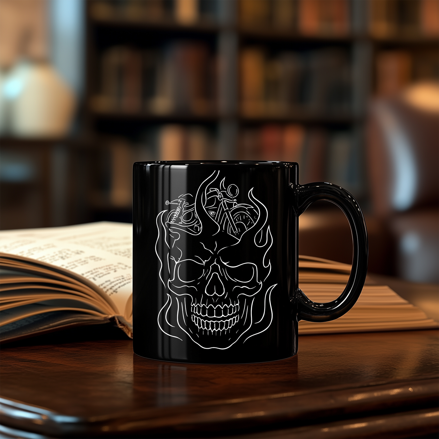 Skull Flame Mug for Riders, This eye-catching skull mug, adorned with vivid skull flames, transforms your usual sip into a fiery experience.