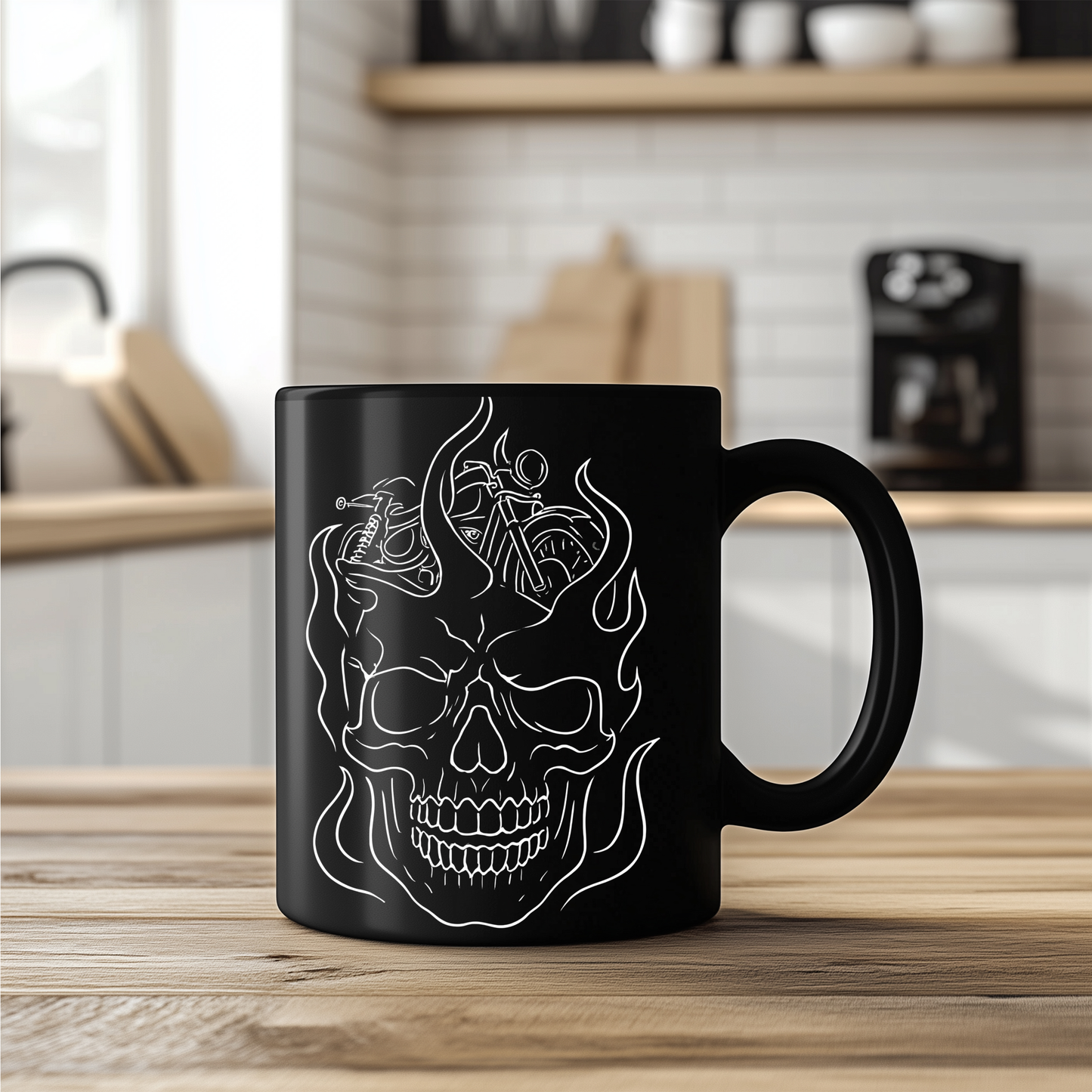 Skull Flame Mug for Riders, This eye-catching skull mug, adorned with vivid skull flames, transforms your usual sip into a fiery experience.