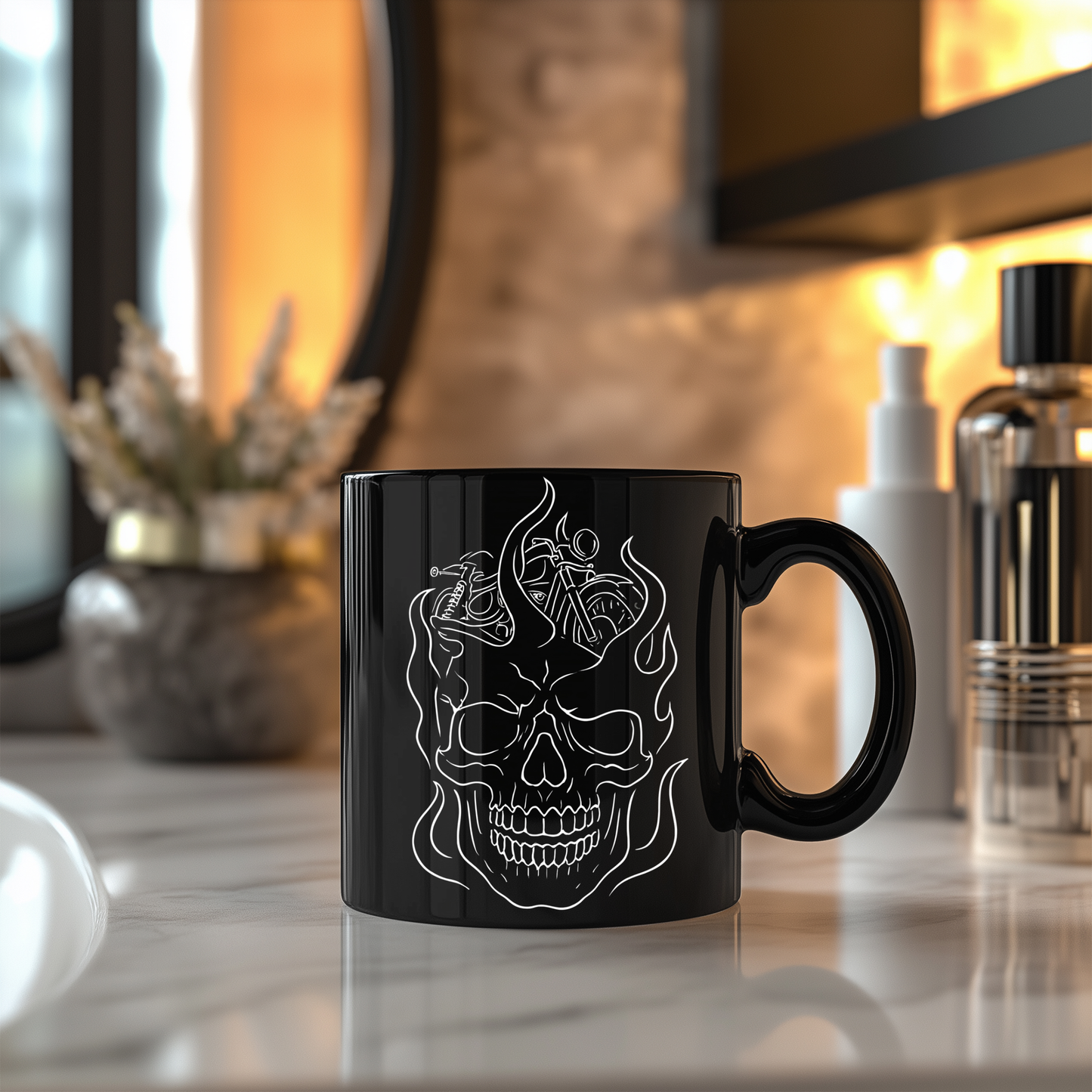 Skull Flame Mug for Riders, This eye-catching skull mug, adorned with vivid skull flames, transforms your usual sip into a fiery experience.