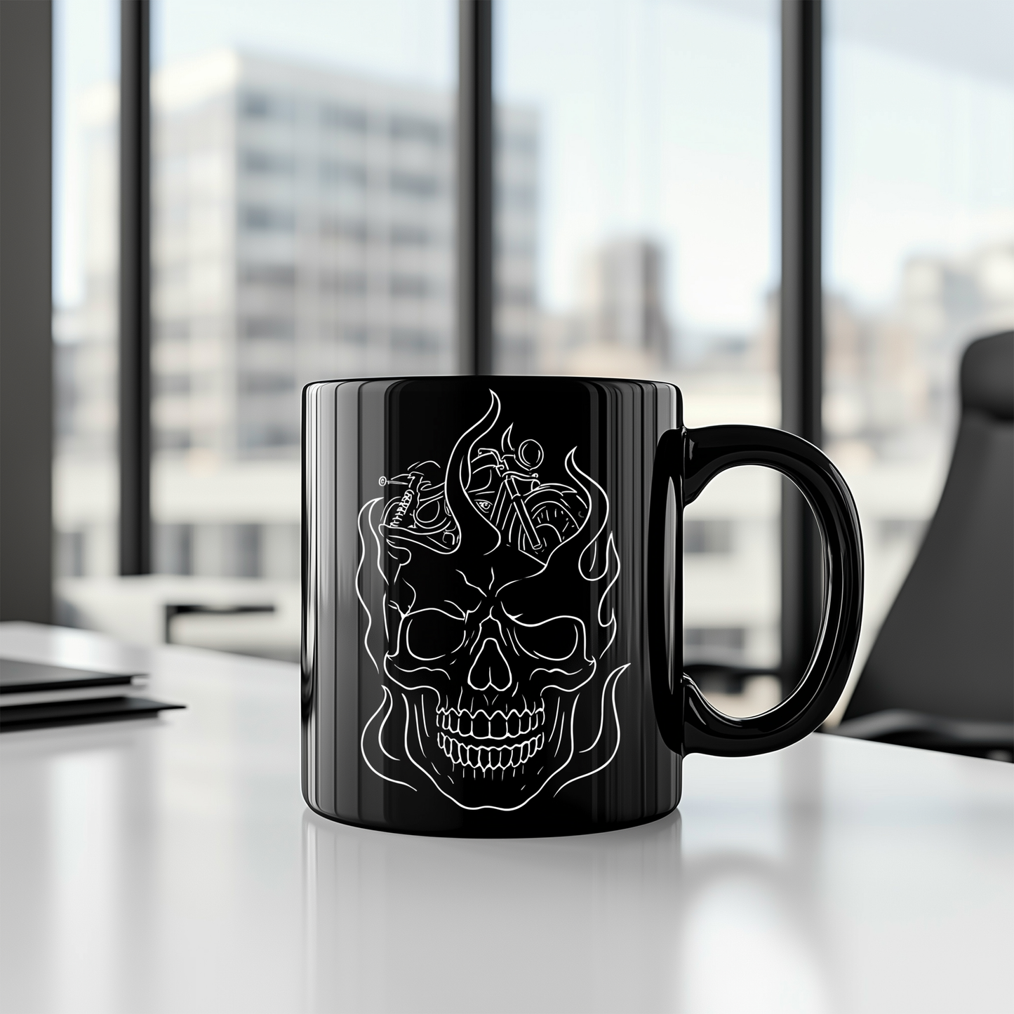 Skull Flame Mug for Riders, This eye-catching skull mug, adorned with vivid skull flames, transforms your usual sip into a fiery experience.