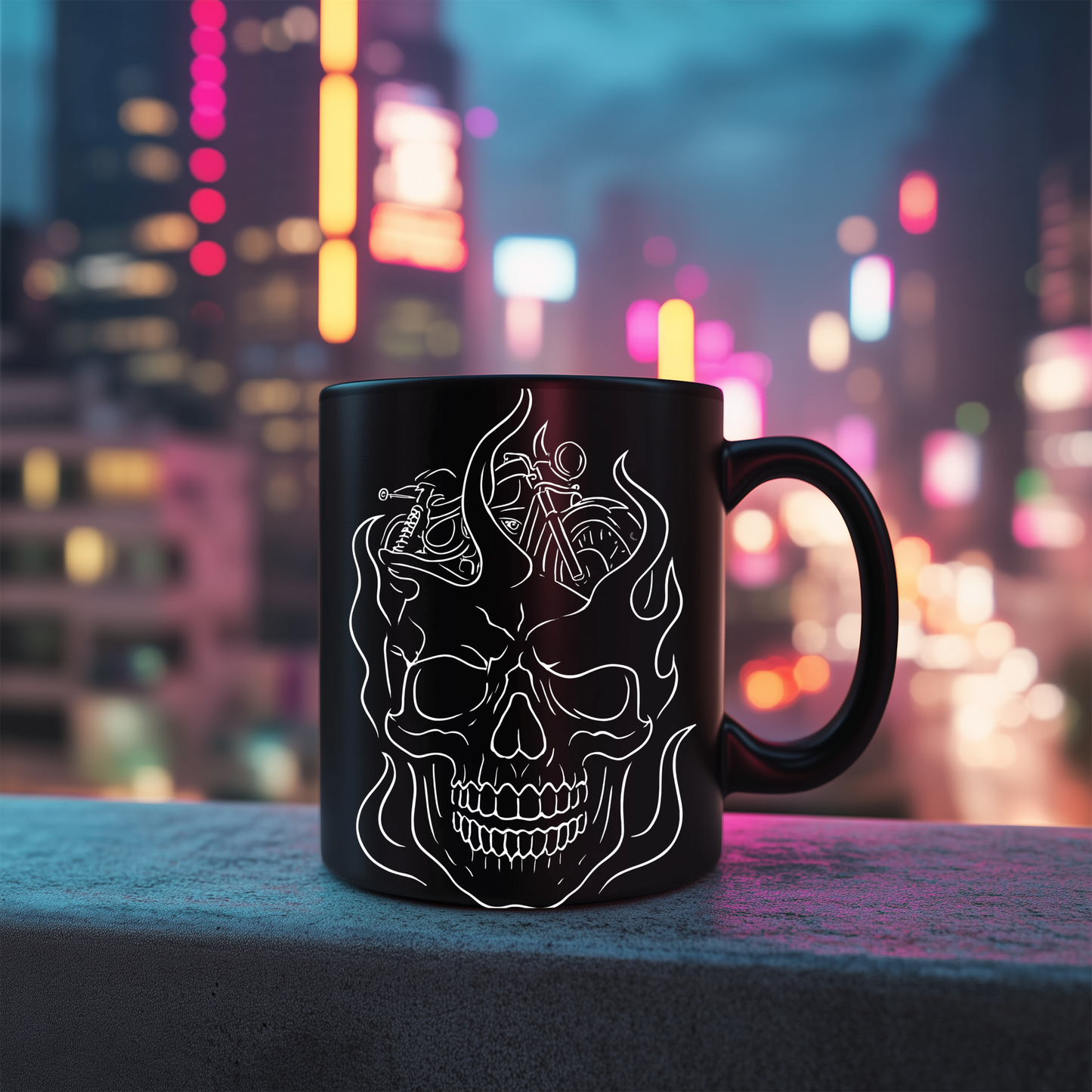 Skull Flame Mug for Riders, This eye-catching skull mug, adorned with vivid skull flames, transforms your usual sip into a fiery experience.