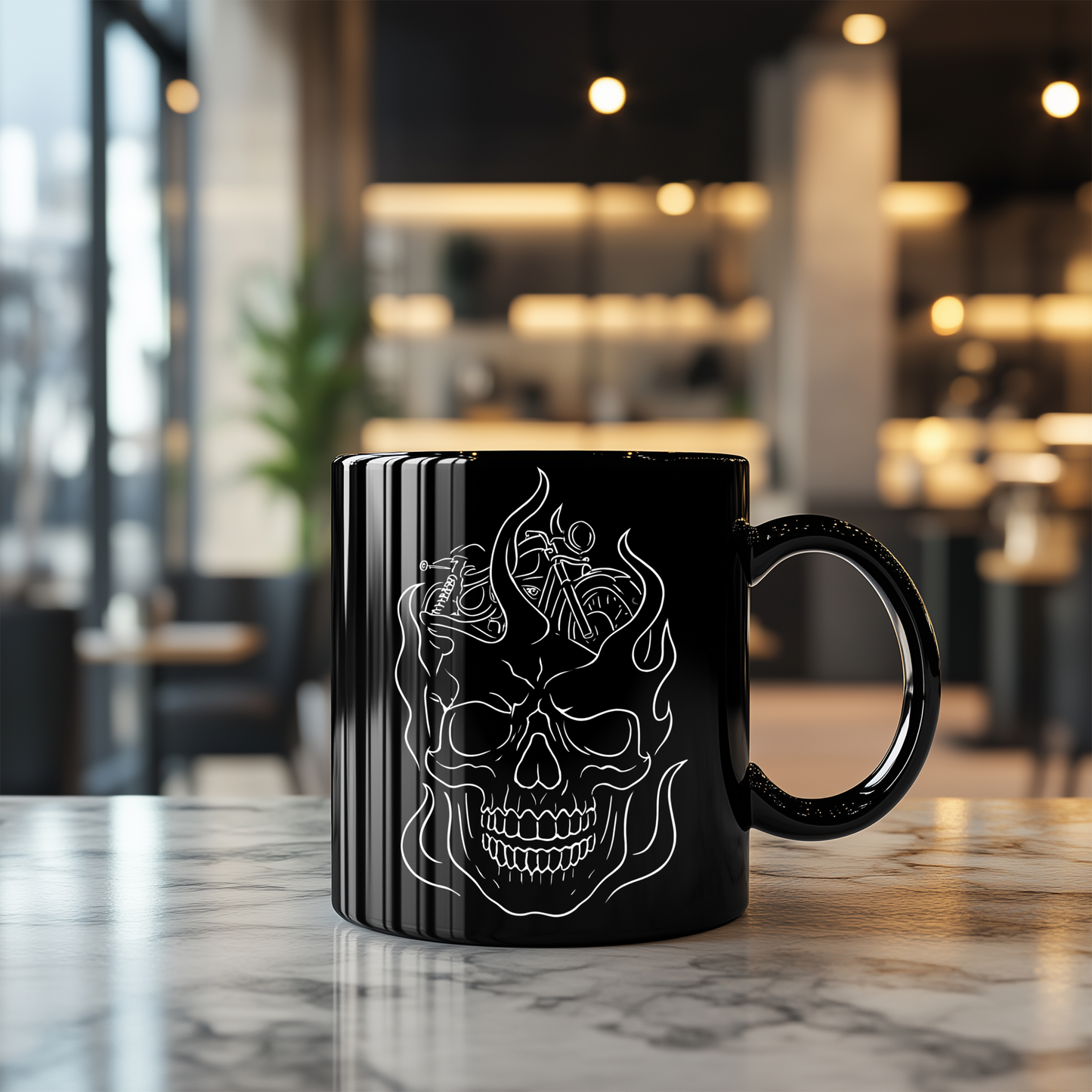 Skull Flame Mug for Riders, This eye-catching skull mug, adorned with vivid skull flames, transforms your usual sip into a fiery experience.