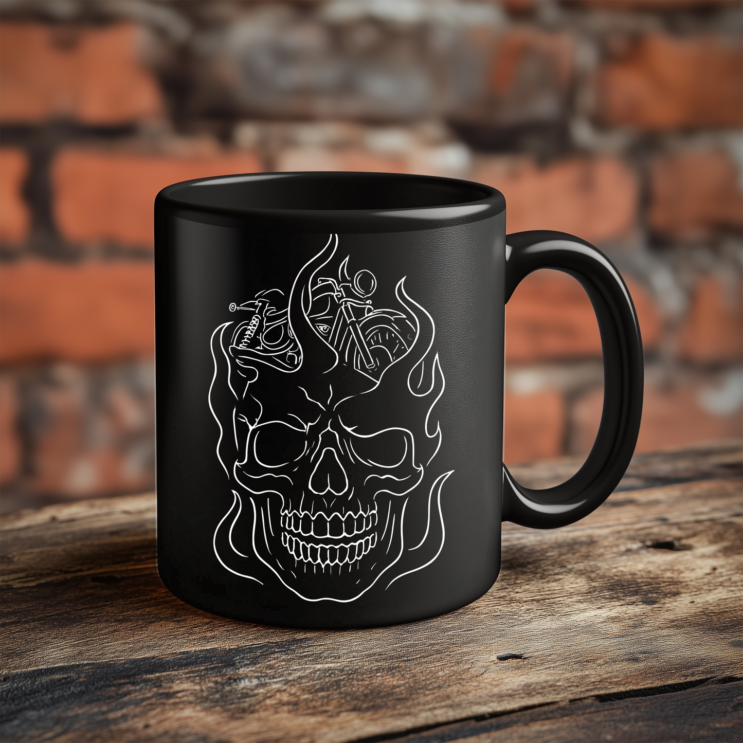 Skull Flame Mug for Riders, This eye-catching skull mug, adorned with vivid skull flames, transforms your usual sip into a fiery experience.