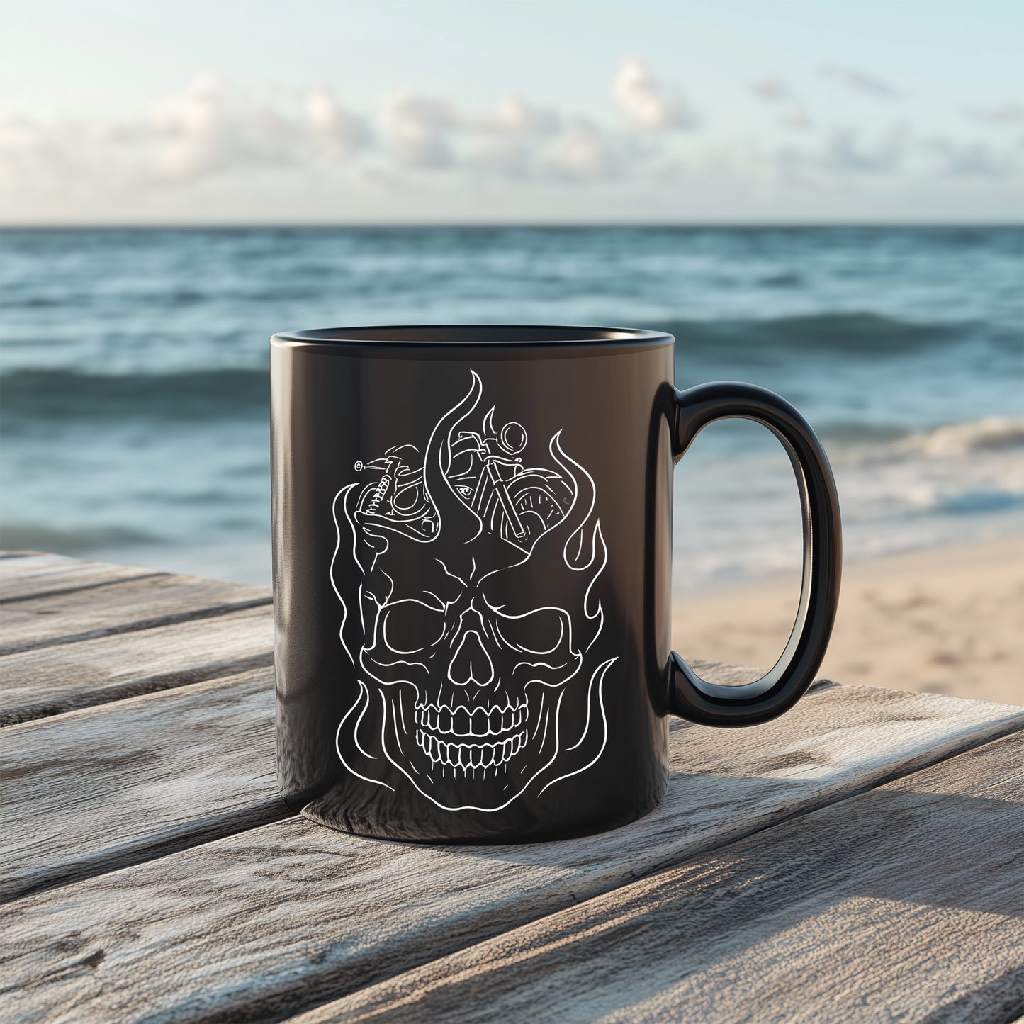 Skull Flame Mug for Riders, This eye-catching skull mug, adorned with vivid skull flames, transforms your usual sip into a fiery experience.
